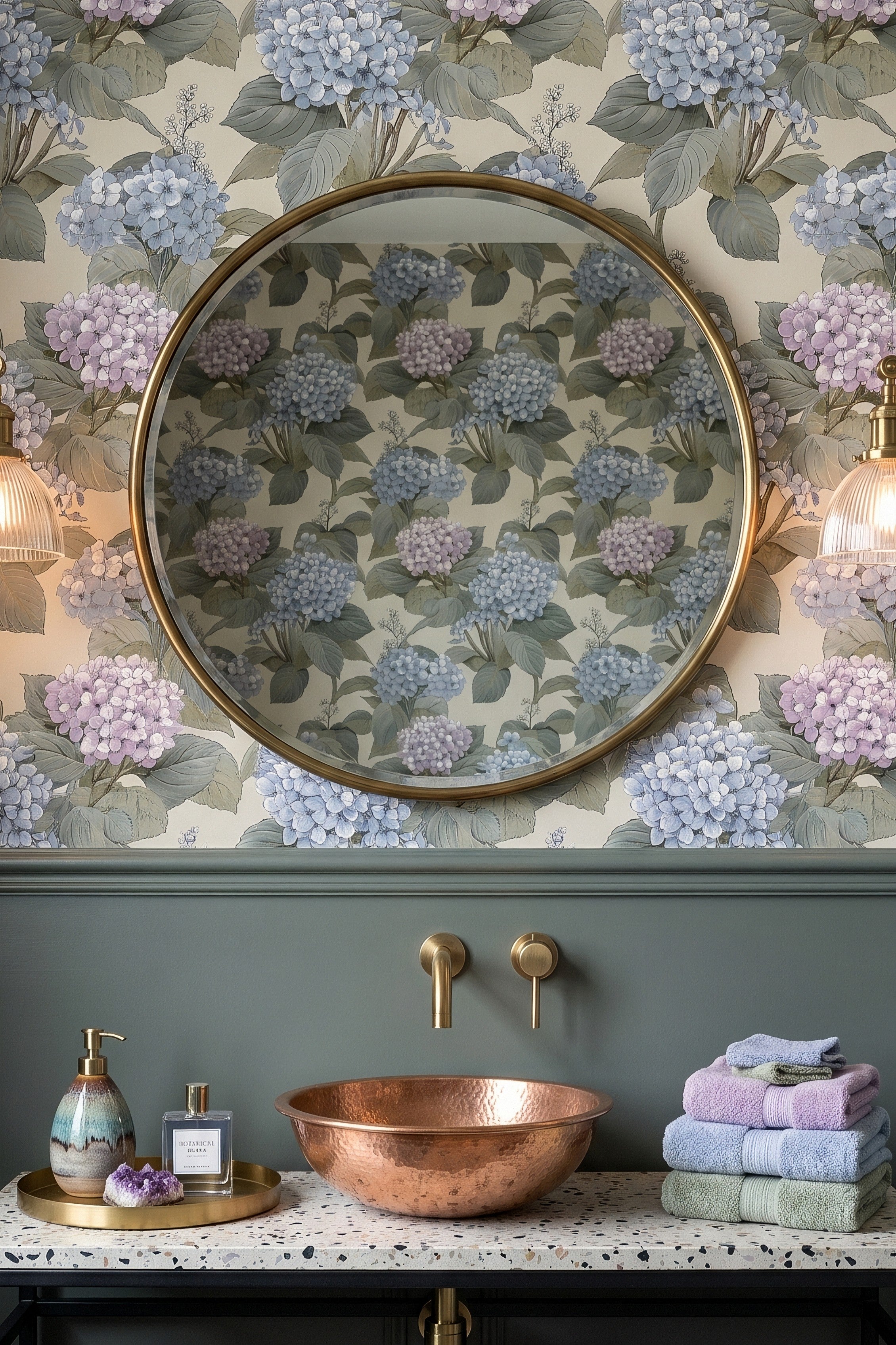 Vintage botanical hydrangea cluster wallpaper in a powder room.
