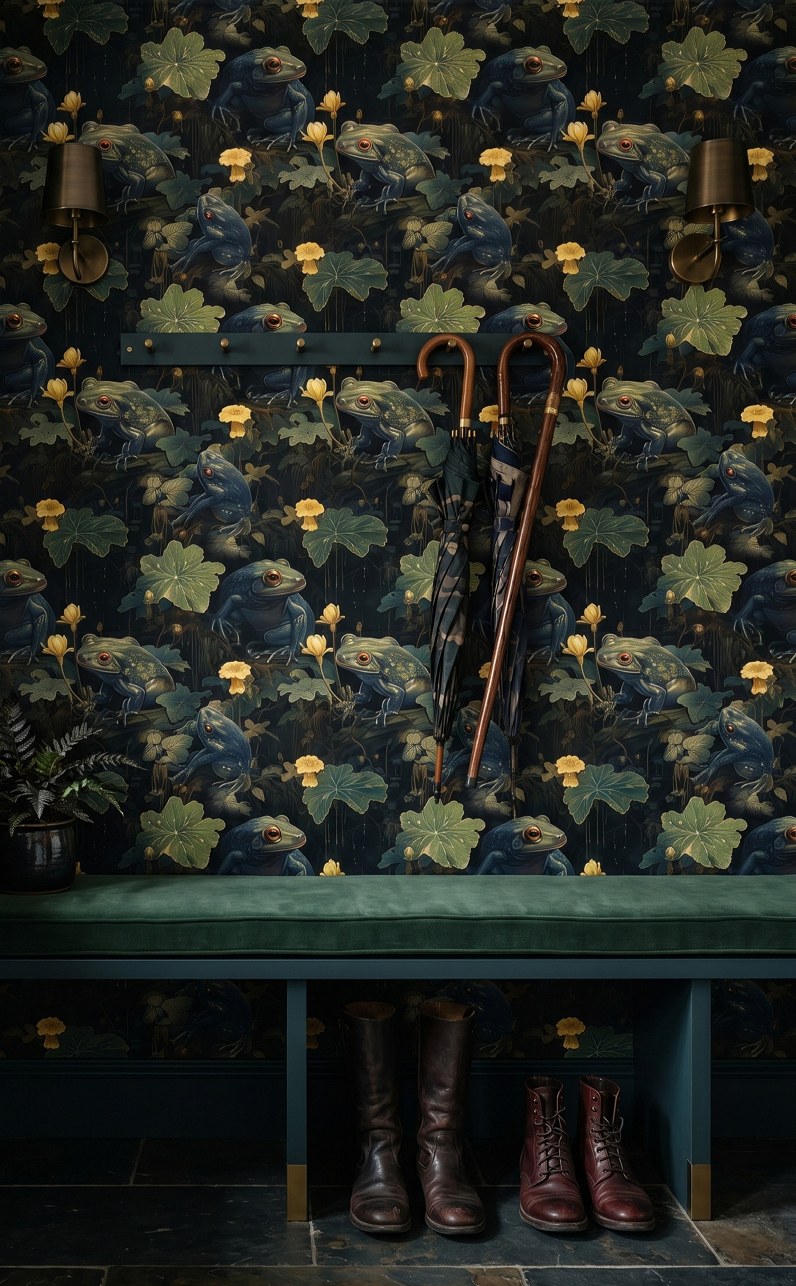 Vintage watercolor frogs on a dark, moody wallpaper in a mudroom.