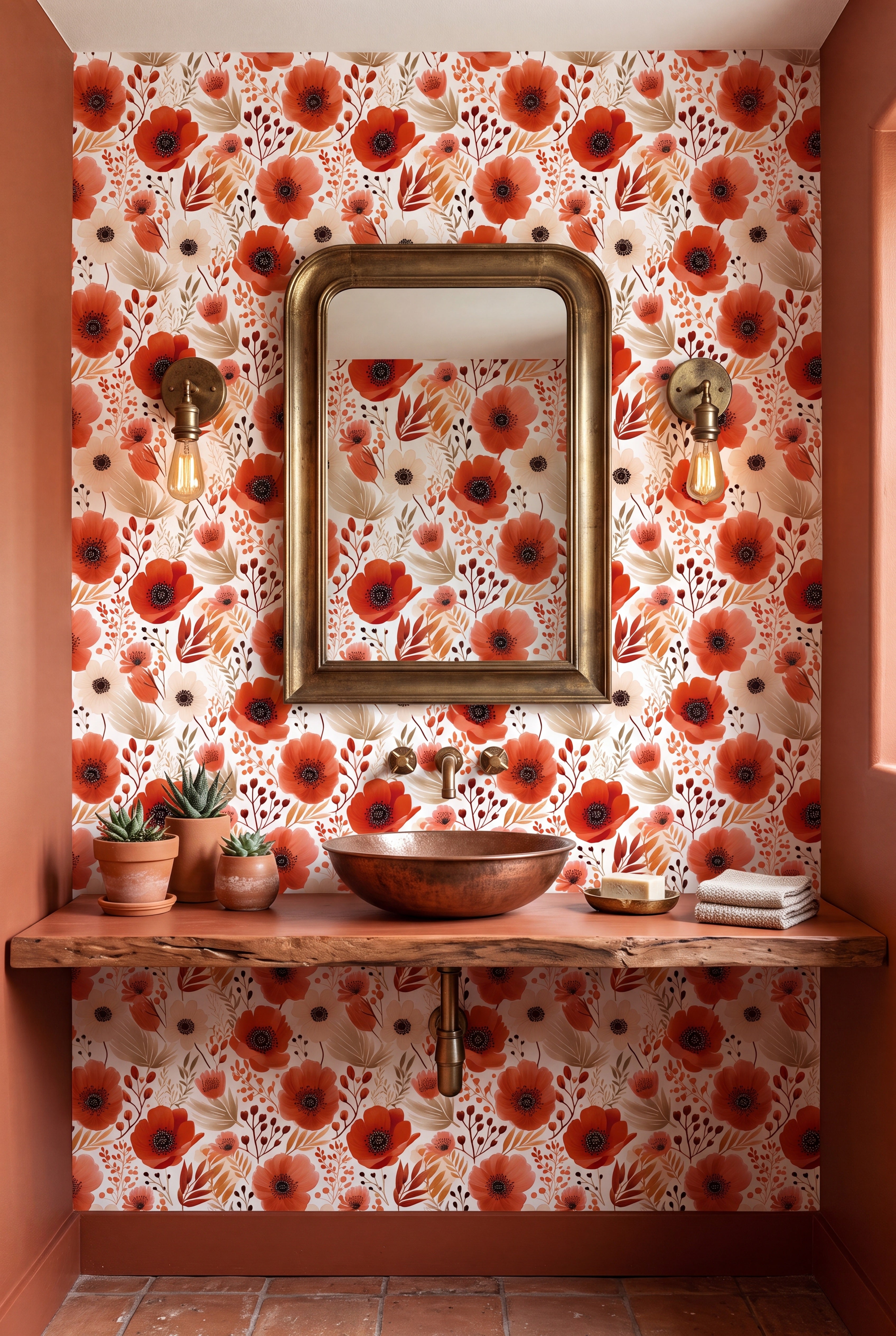 Burnt orange and brown boho florals on white wallpaper in a powder room.