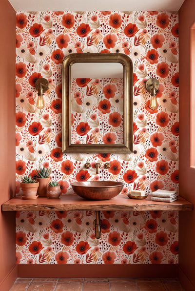Burnt orange and brown boho florals on white wallpaper in a powder room.