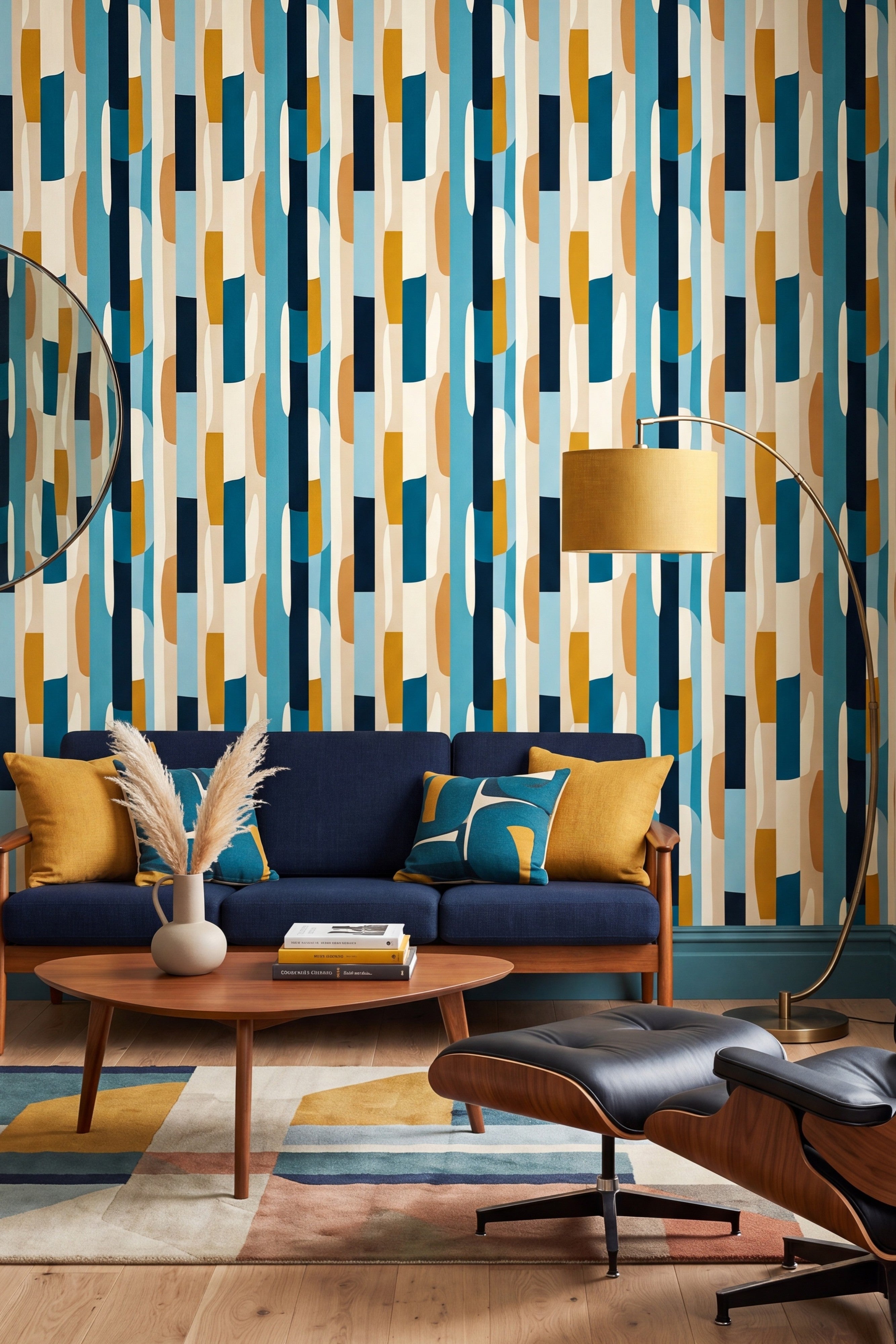 Teal and mustard mid-century stripe wallpaper in a living room.