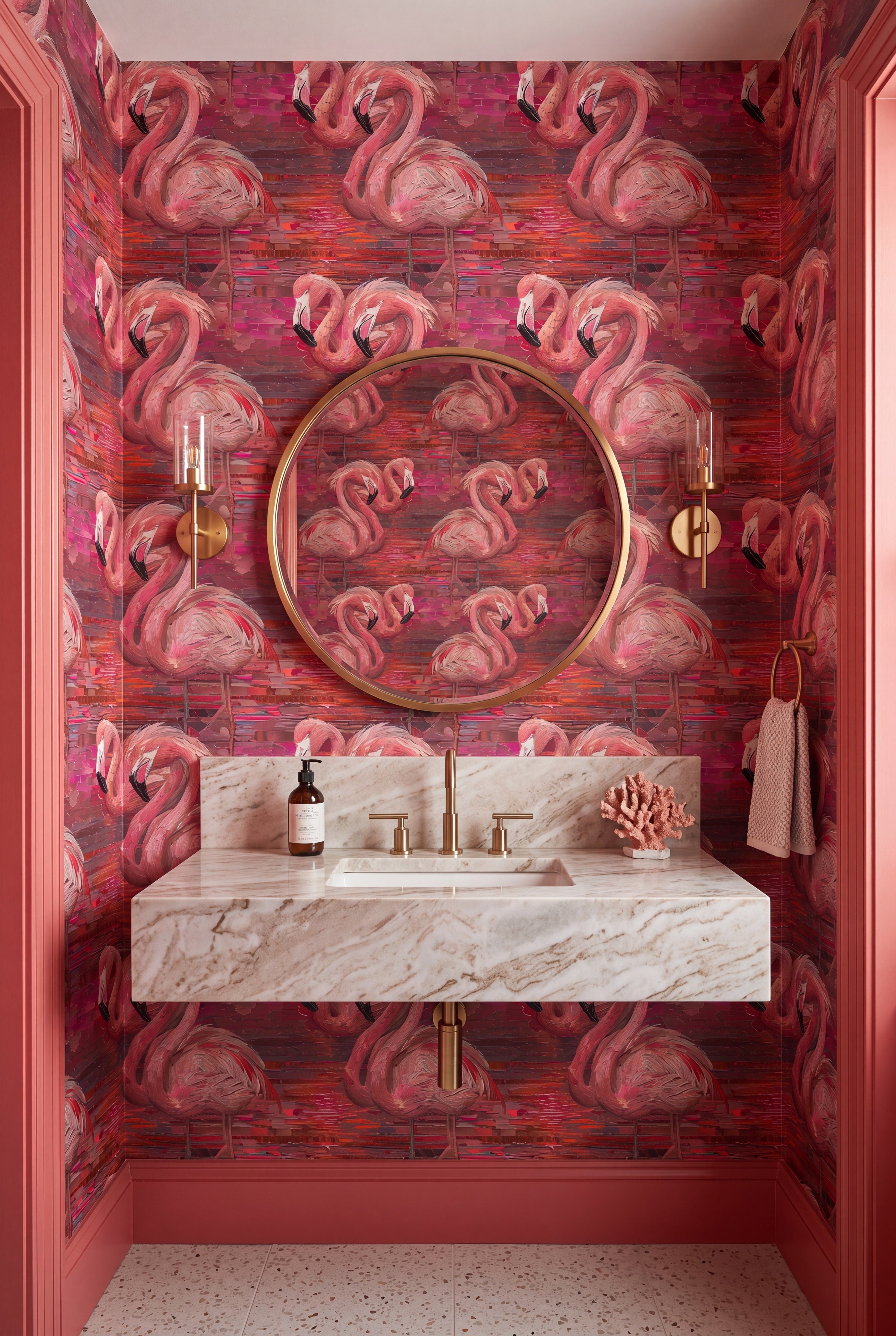 Retro flamingos in saturated pinks on painterly wallpaper in a powder room.