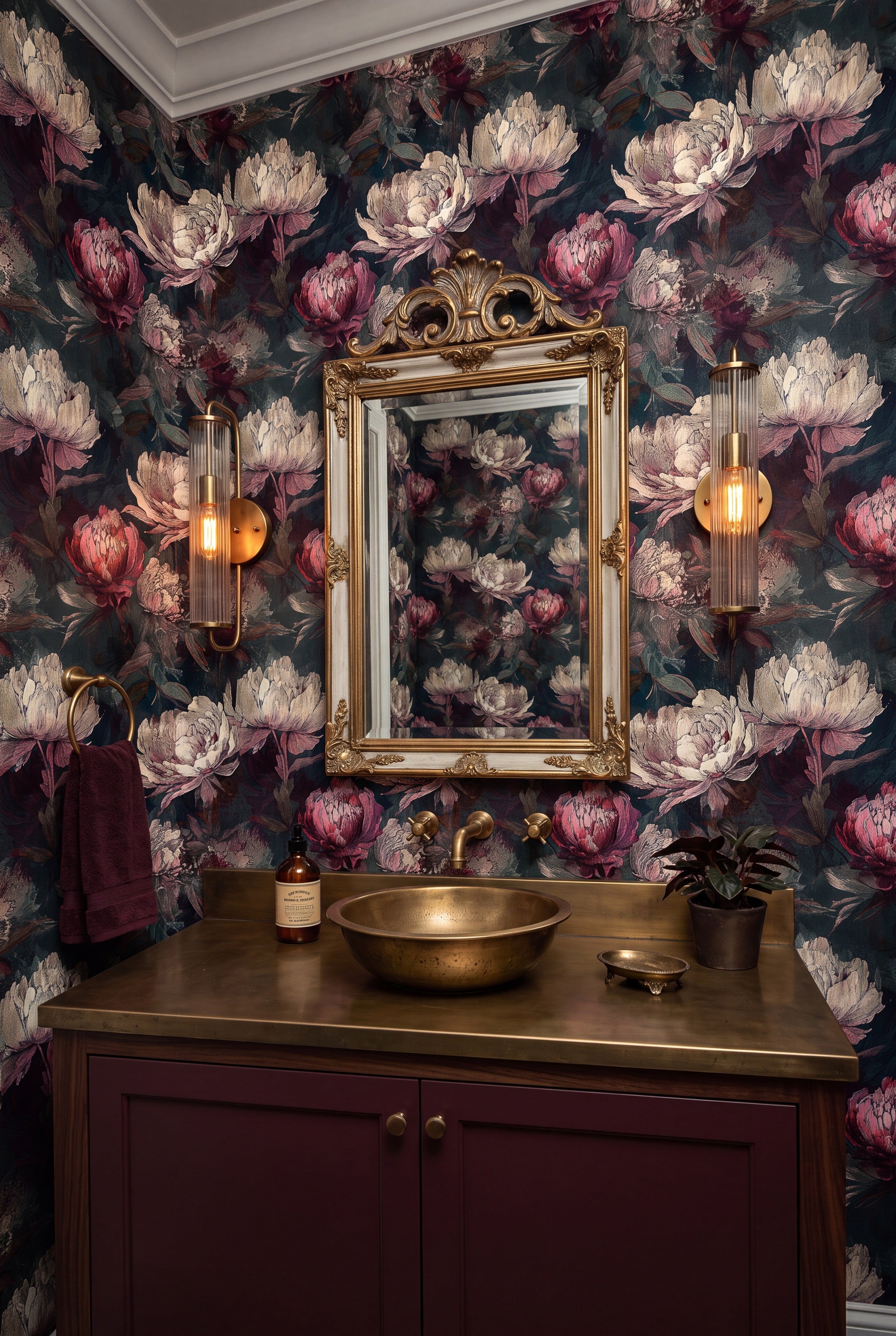 Dark Victorian botanicals on a moody floral wallpaper in a powder room.