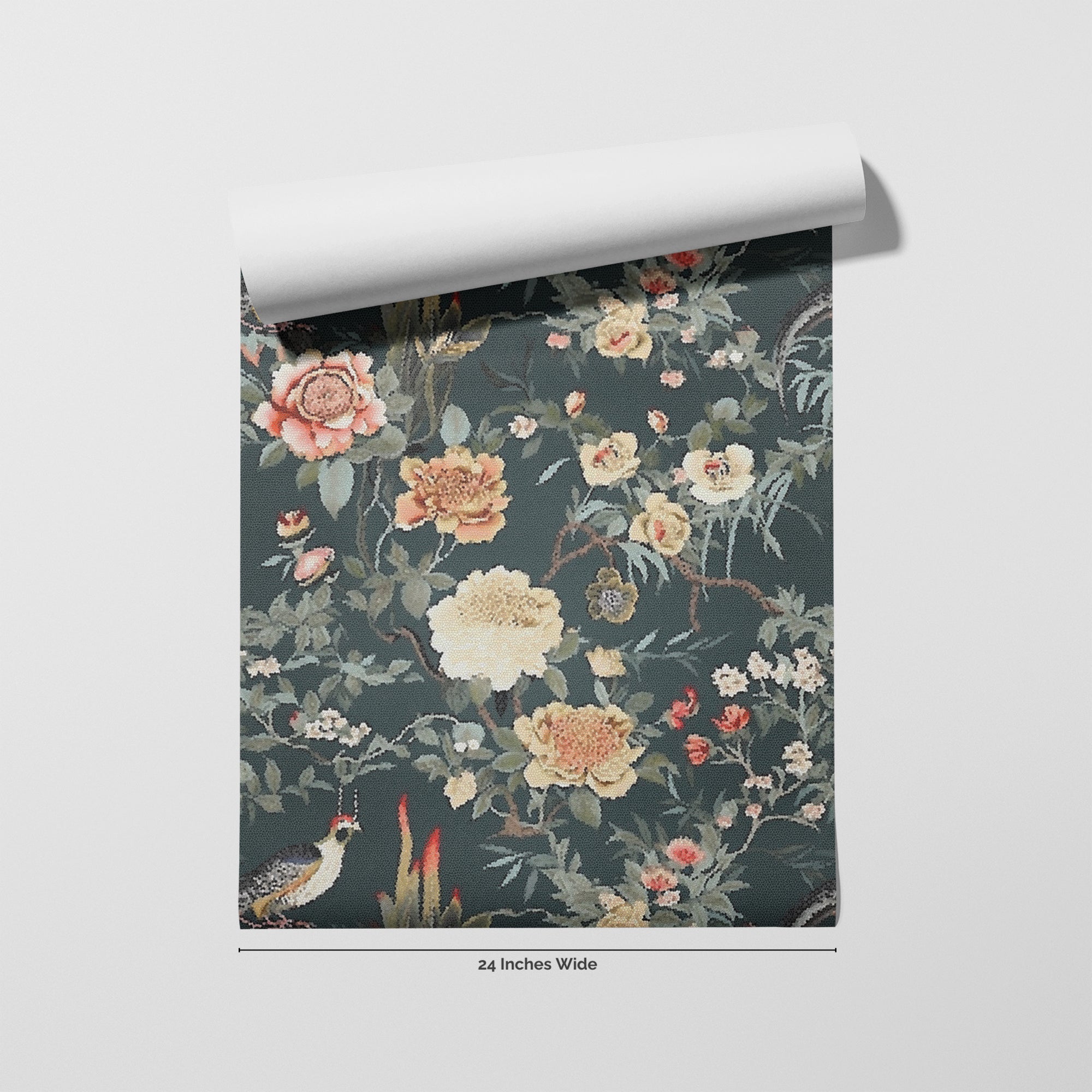 Teal Aviary wallpaper roll, 24 inches wide