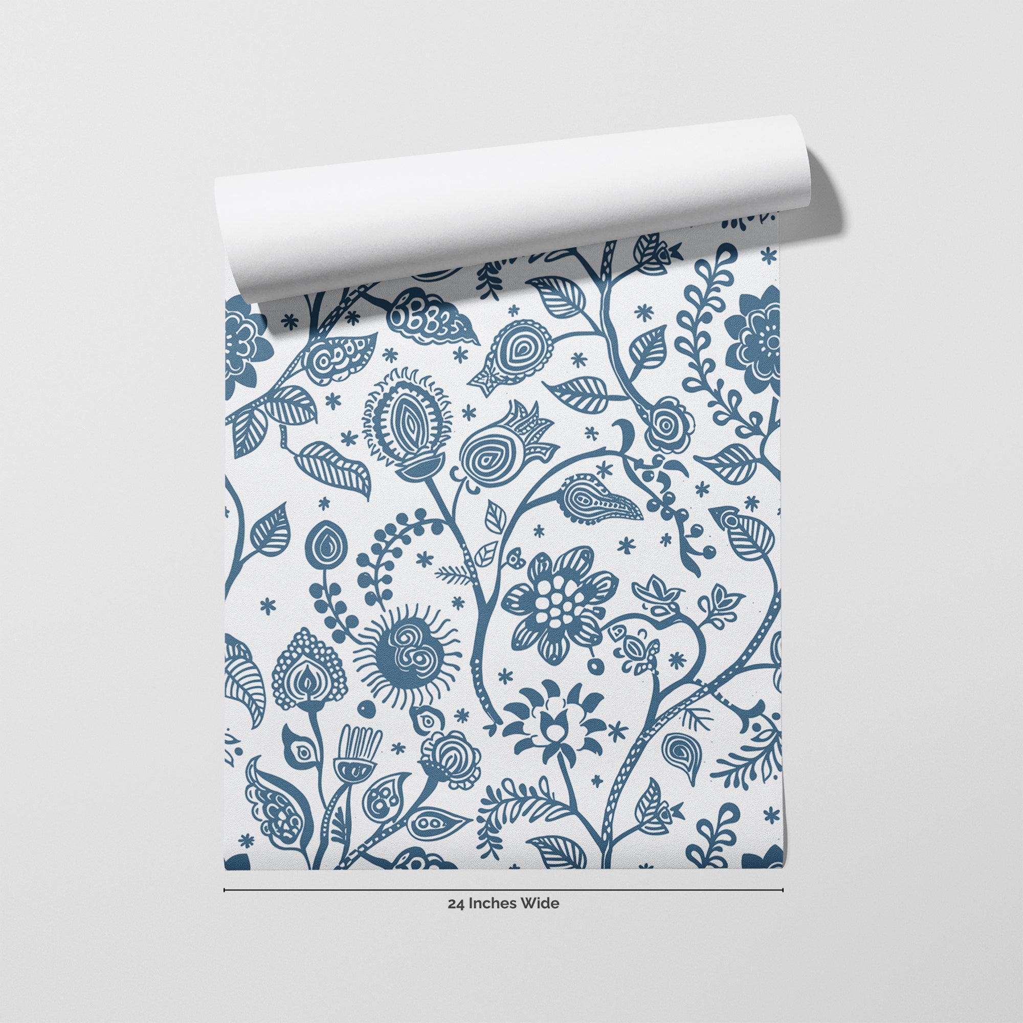 Blue Folk wallpaper roll, 24 inches wide