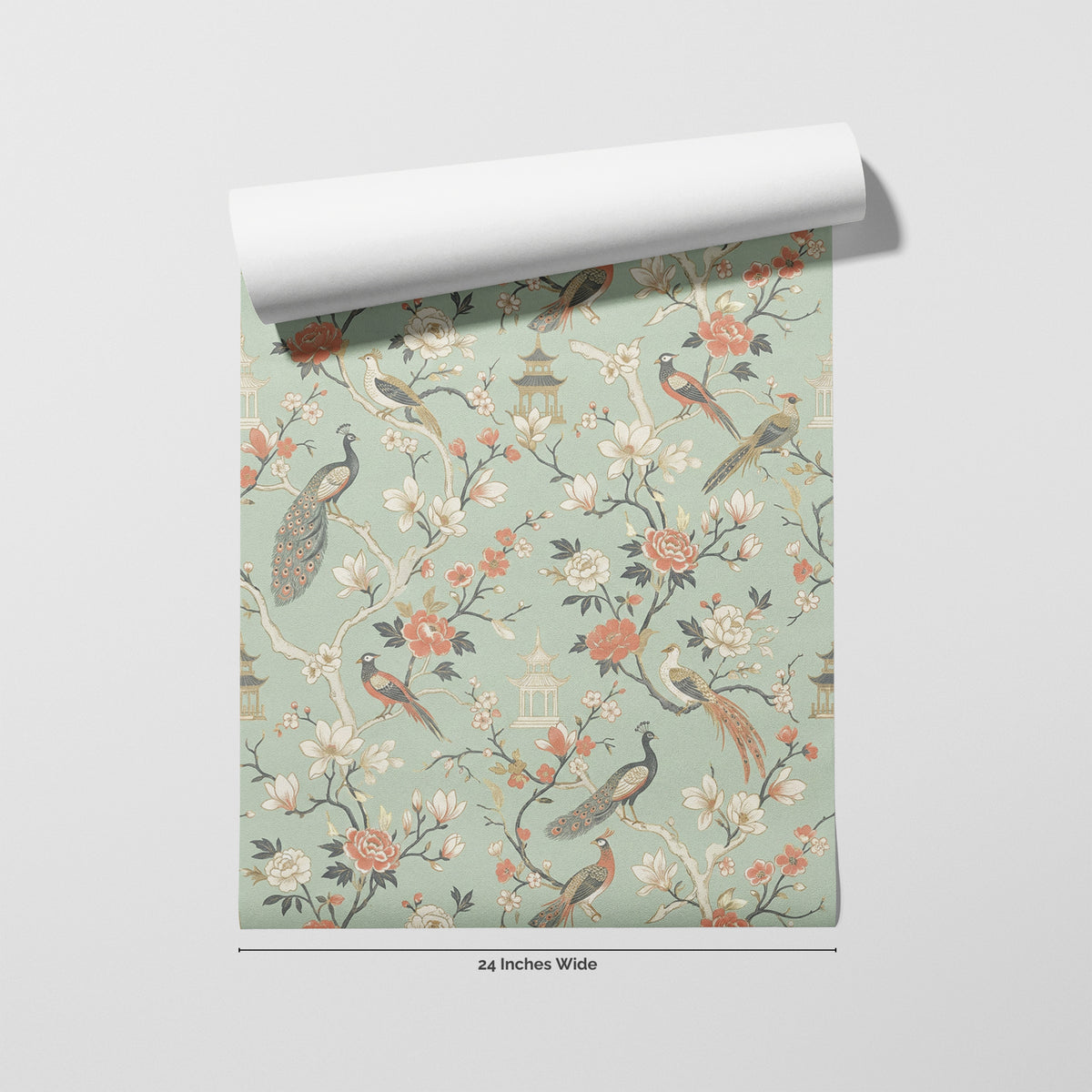 Celadon Aviary wallpaper roll, 24 inches wide