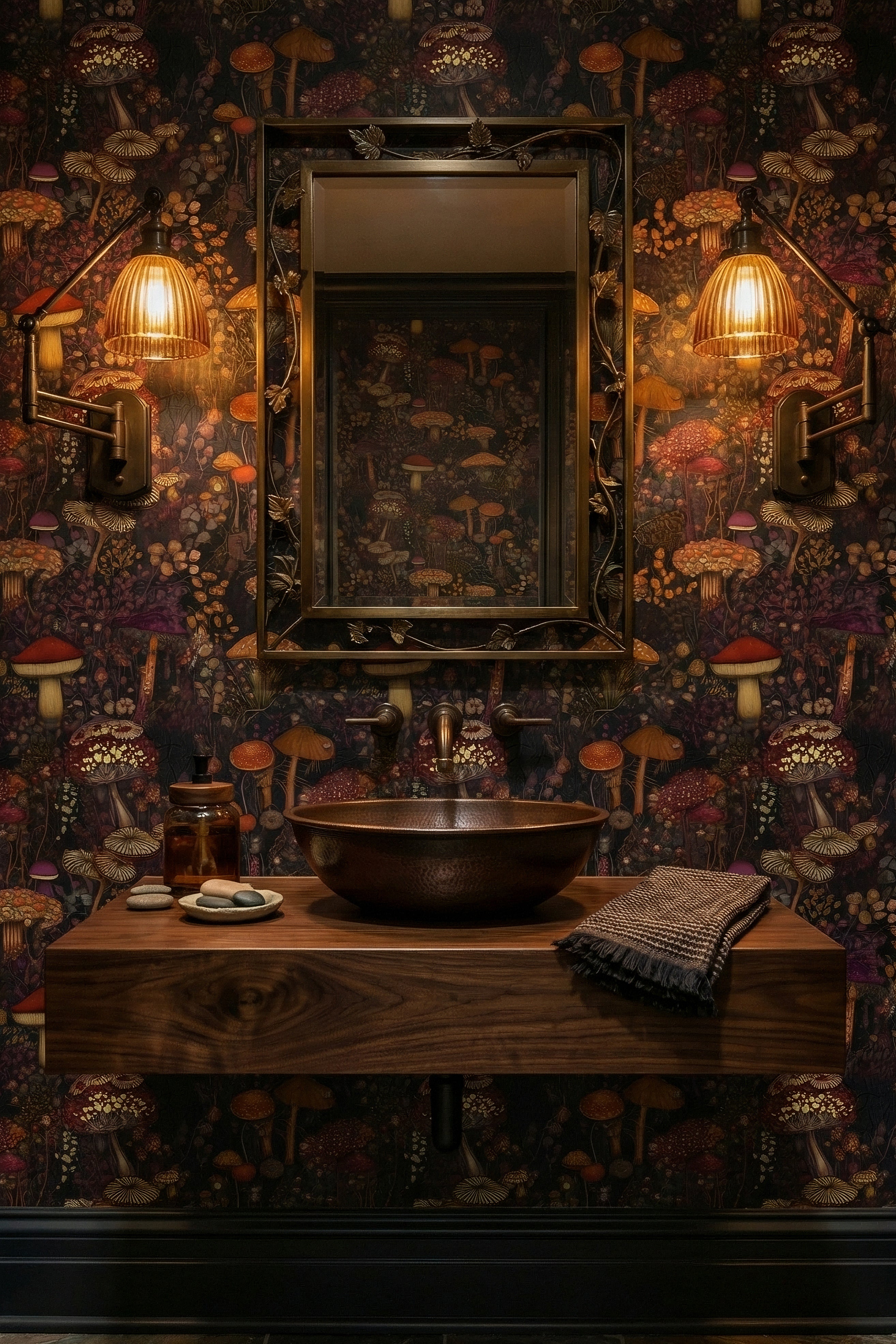 Midnight Forage wallpaper shown in a powder room