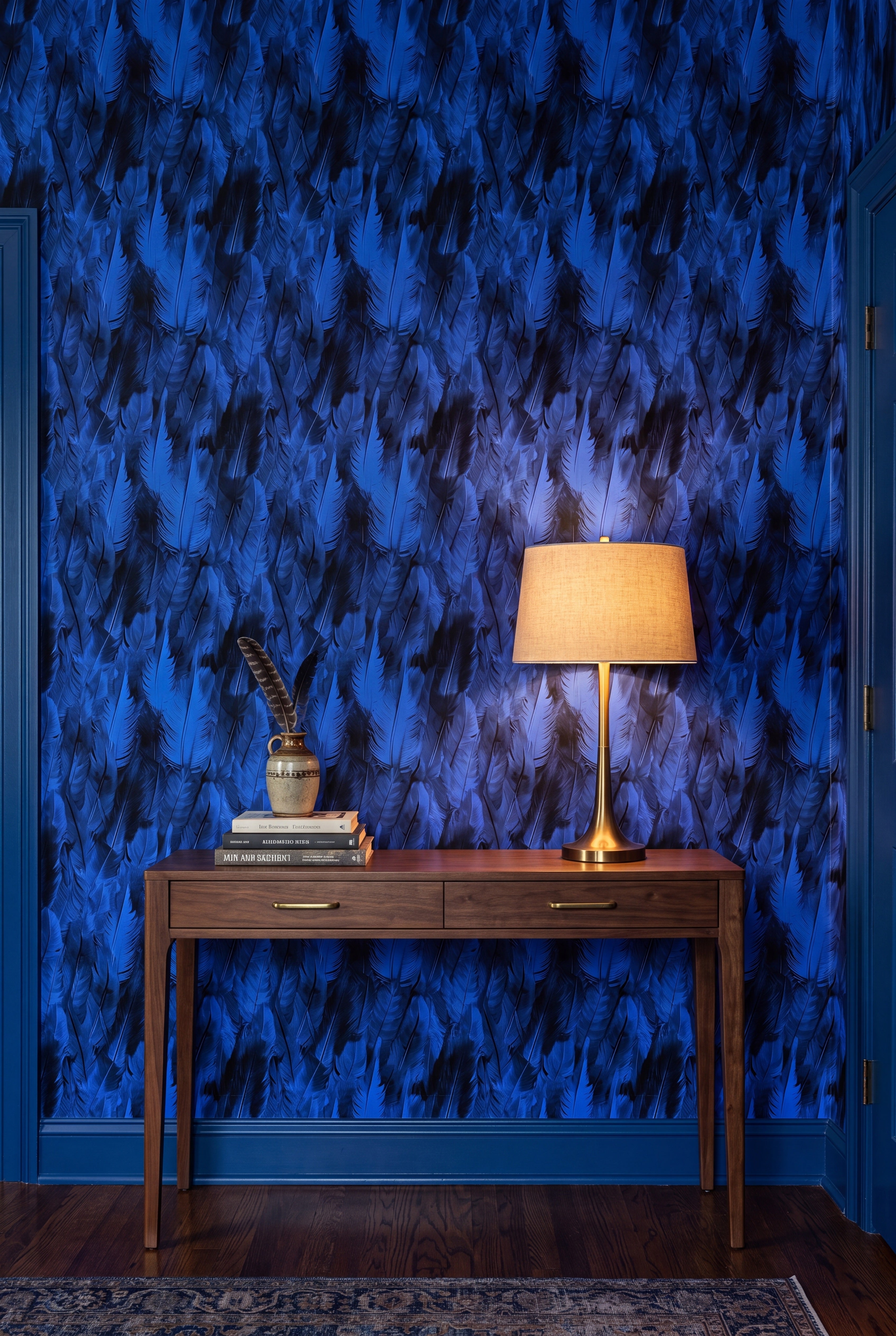 Cobalt Plume wallpaper on an accent wall