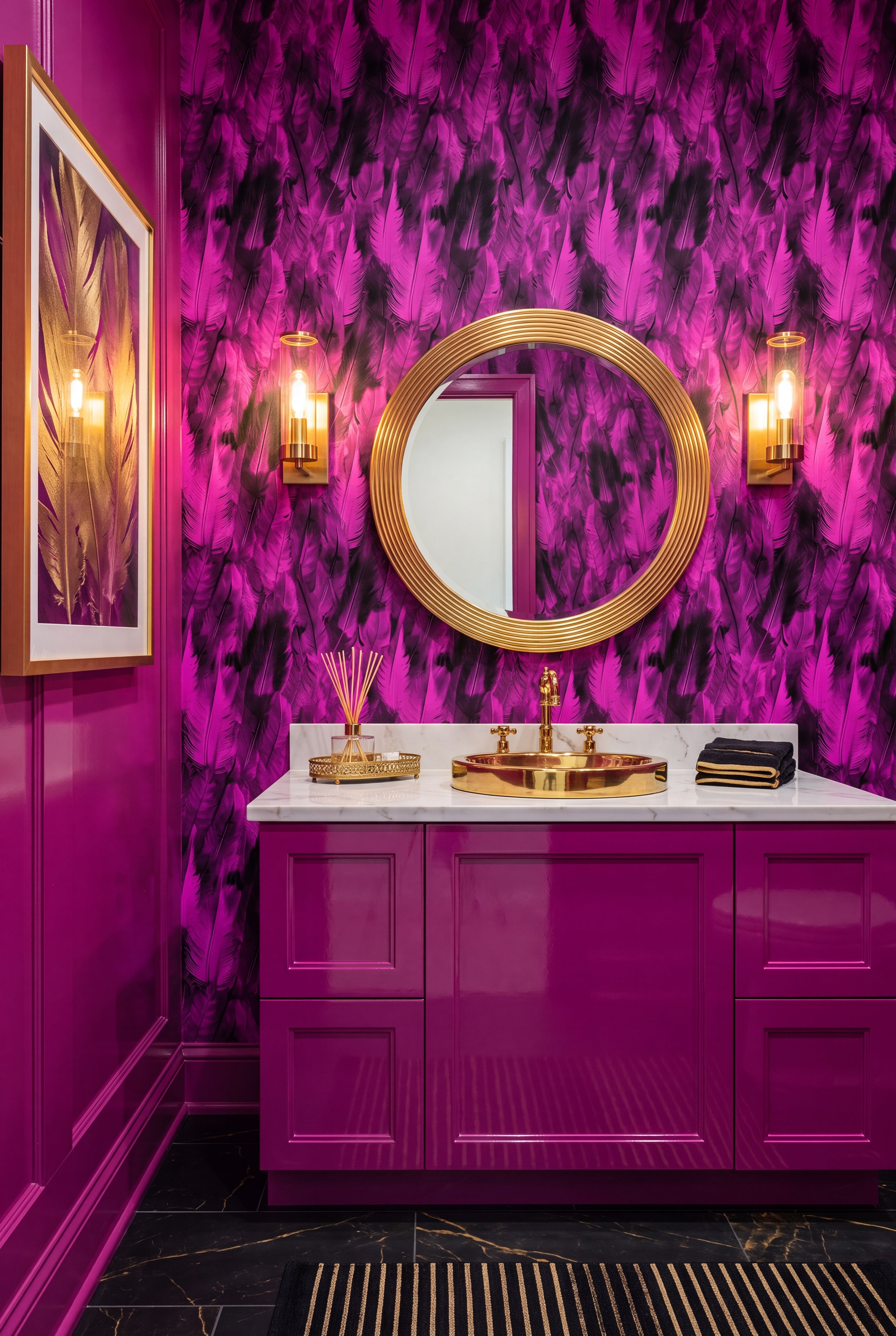 Fuchsia Flight wallpaper shown in a powder room