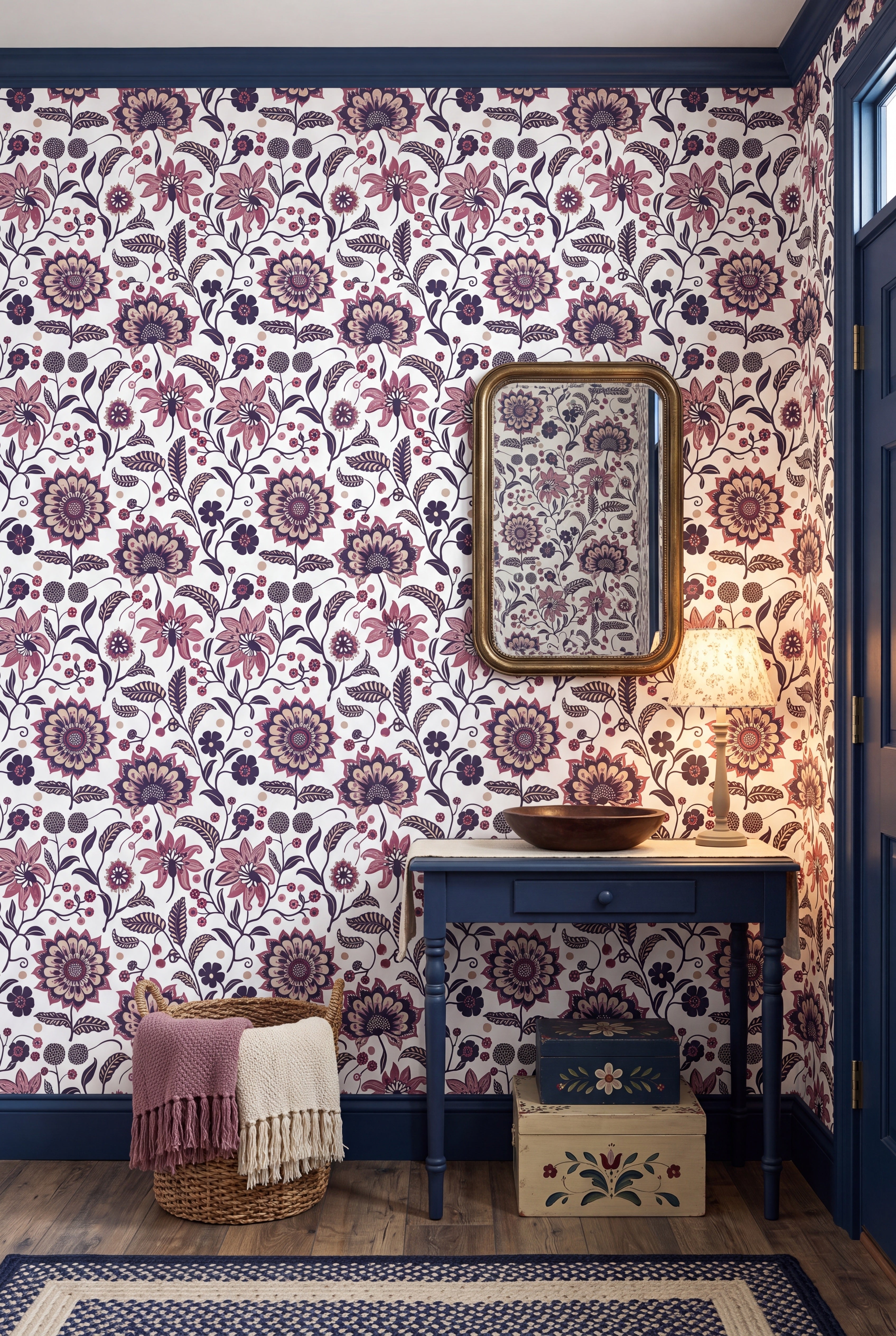 Plum Folklore wallpaper shown in an entryway