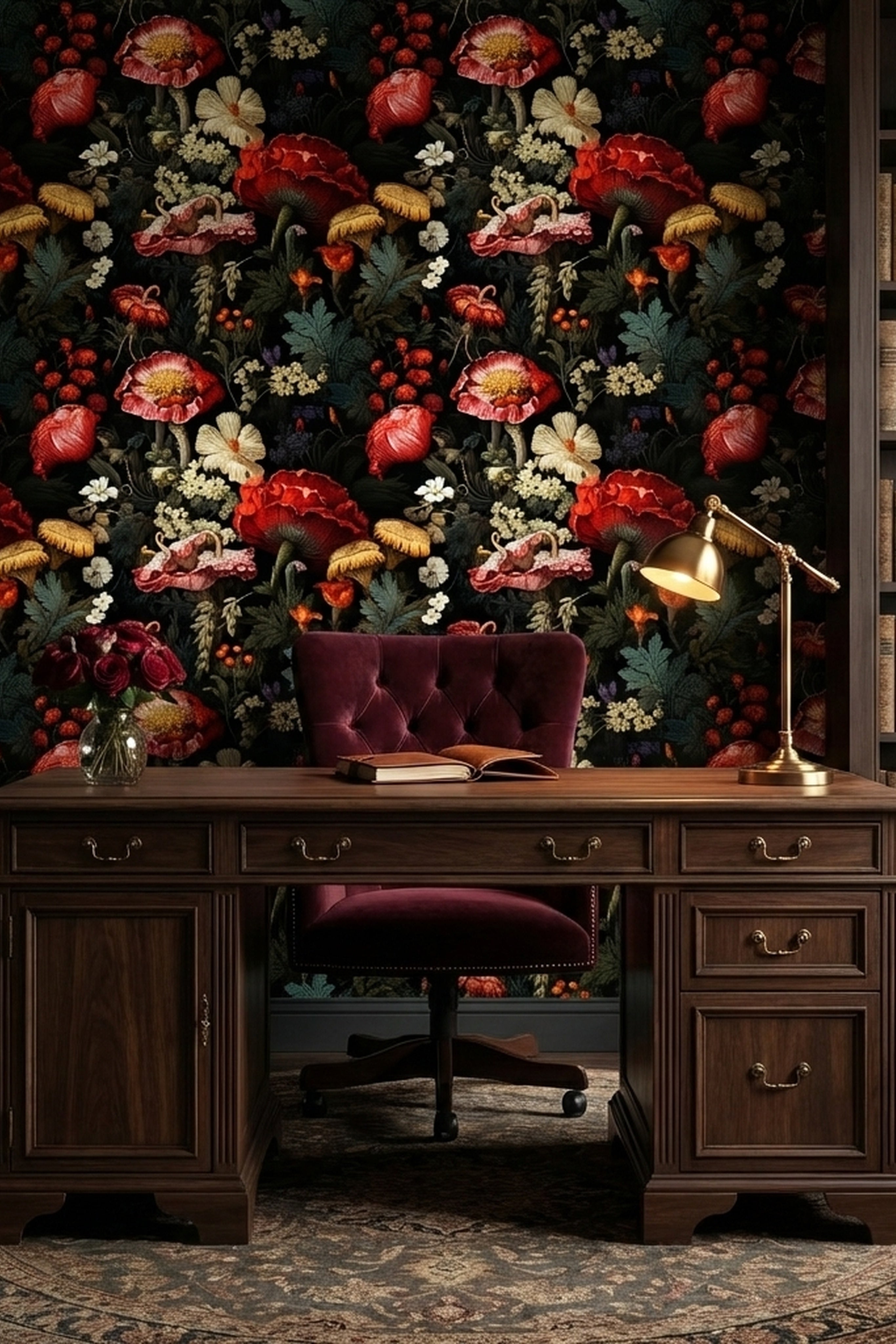 Scarlet Meadow wallpaper shown in a home office