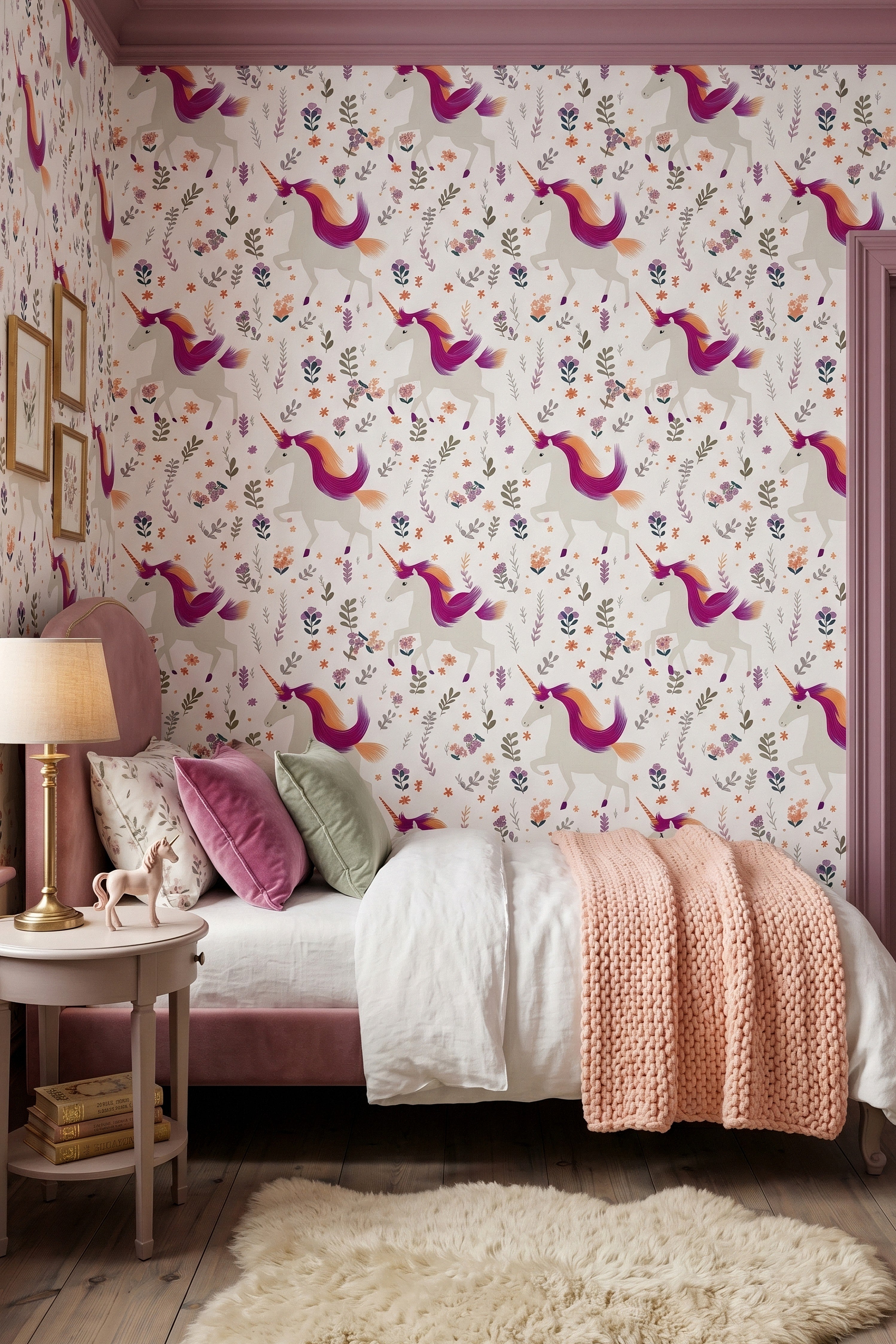 Unicorn Meadow wallpaper shown in a bedroom