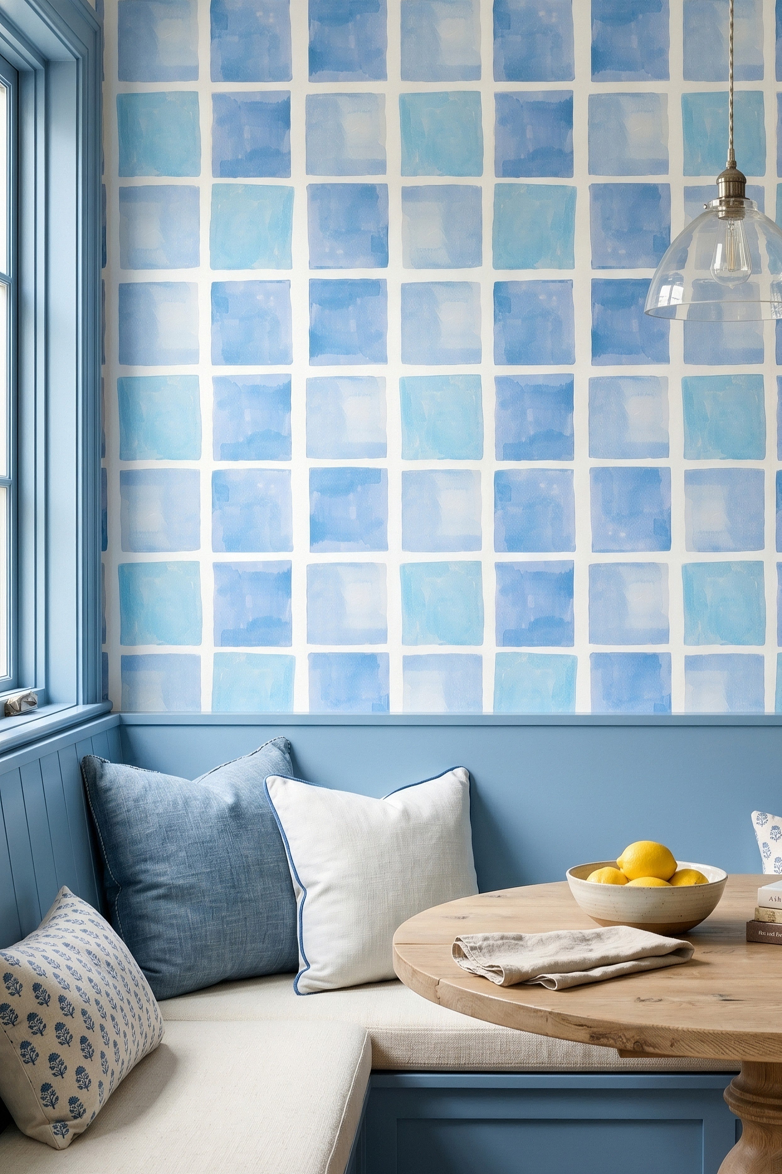 Bathhouse Blue wallpaper shown in a cozy nook