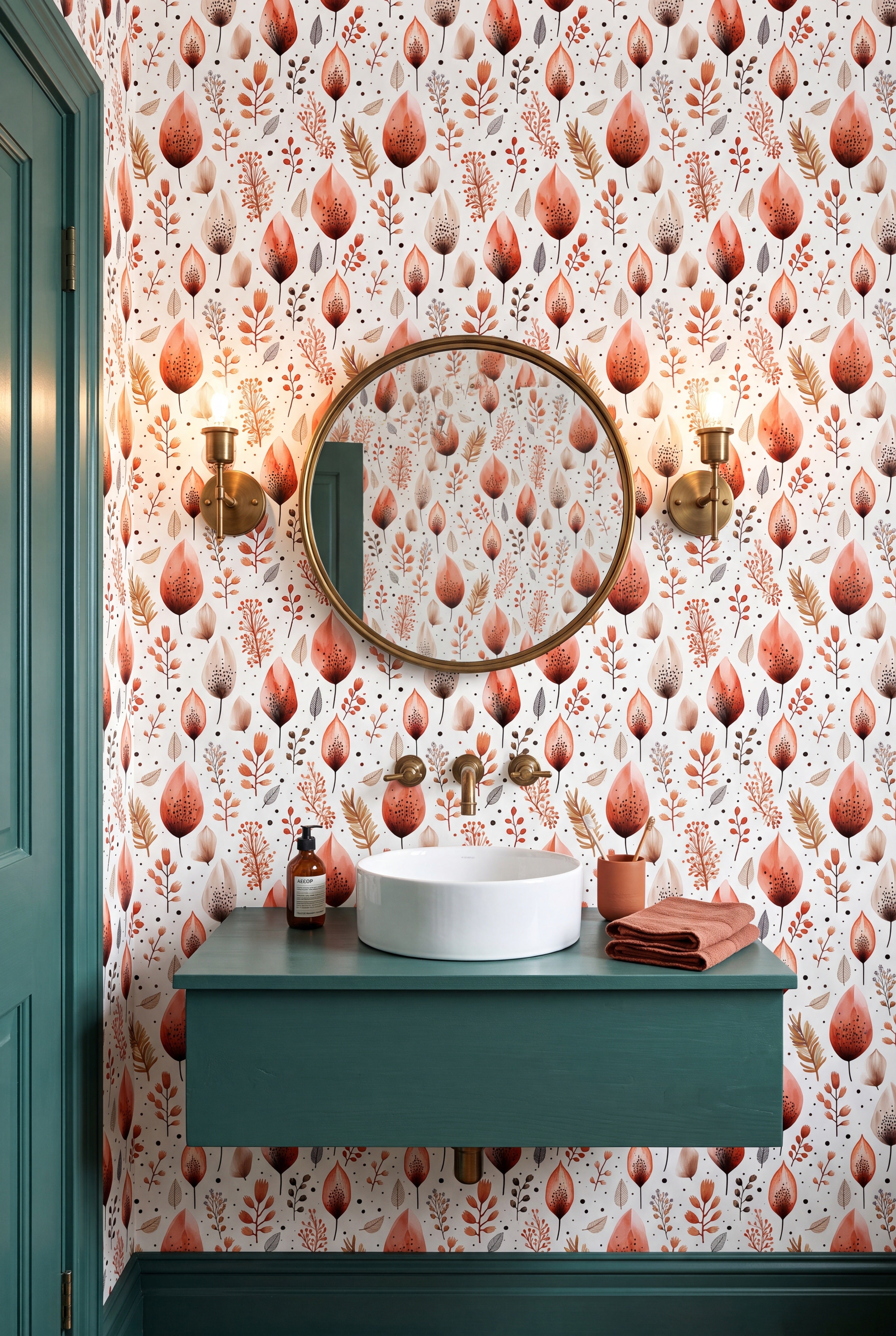 Autumn Ember wallpaper shown in a powder room