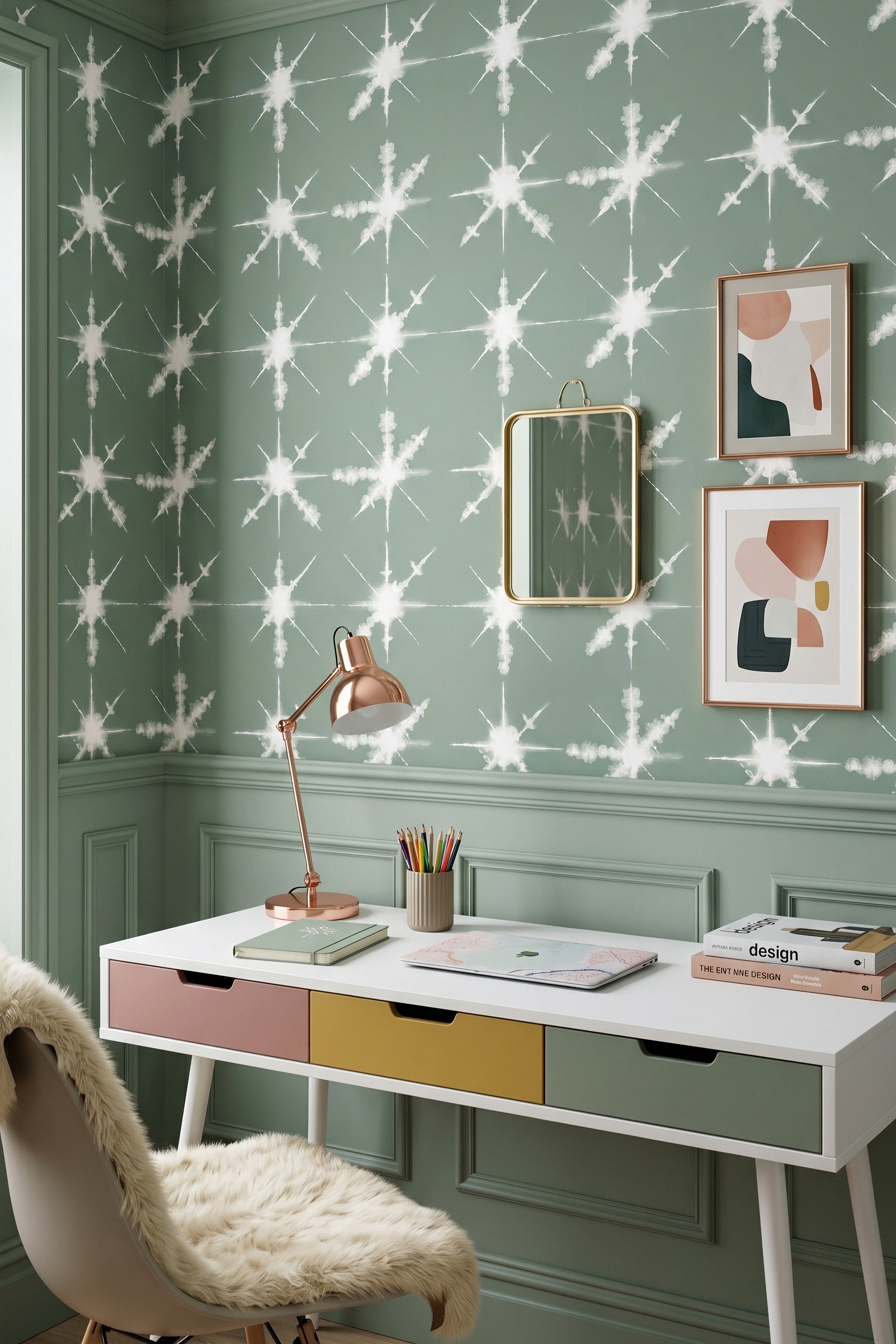Atomic Sage wallpaper shown in a home office