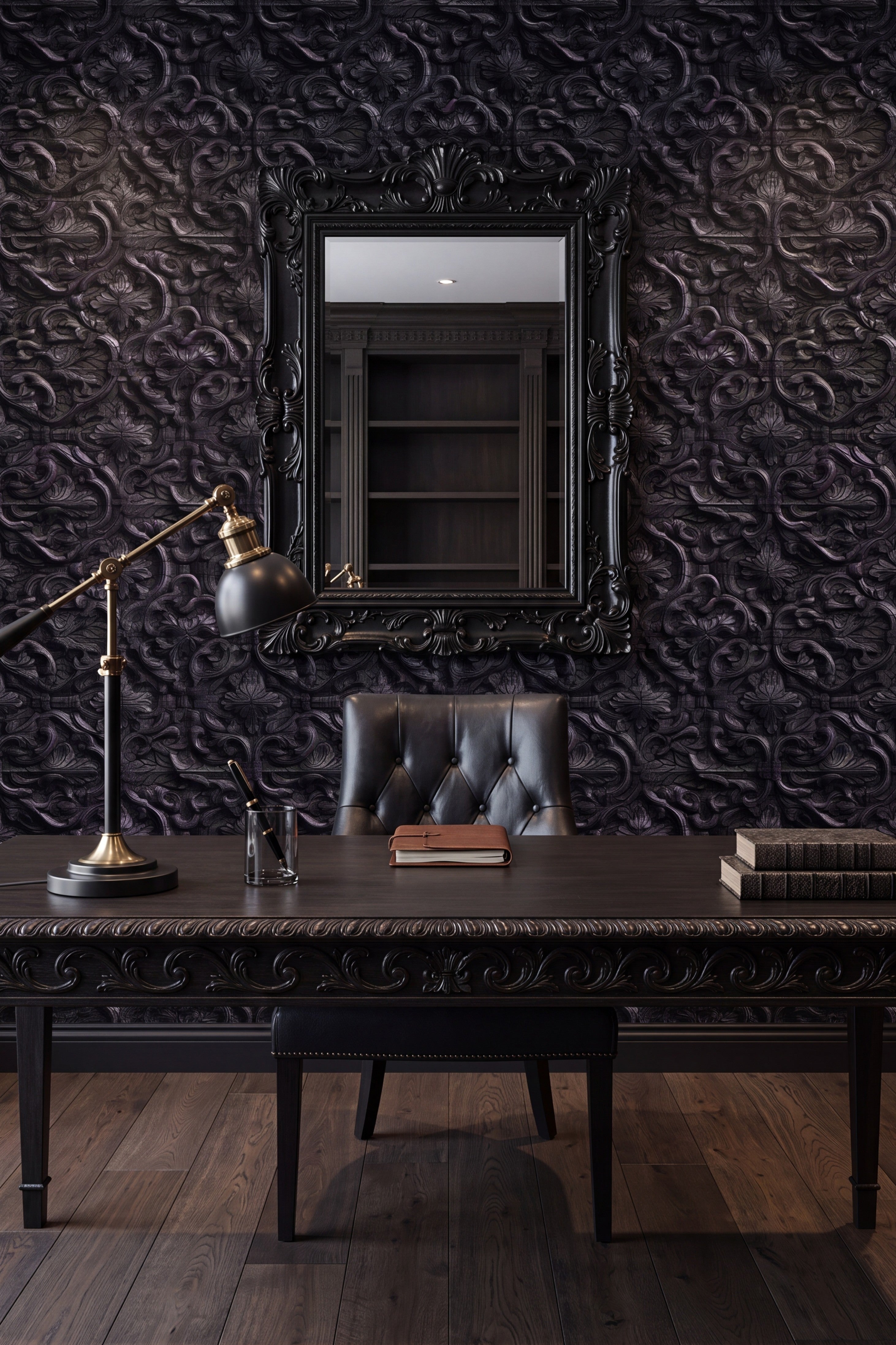 Iron Lace wallpaper shown in a home office