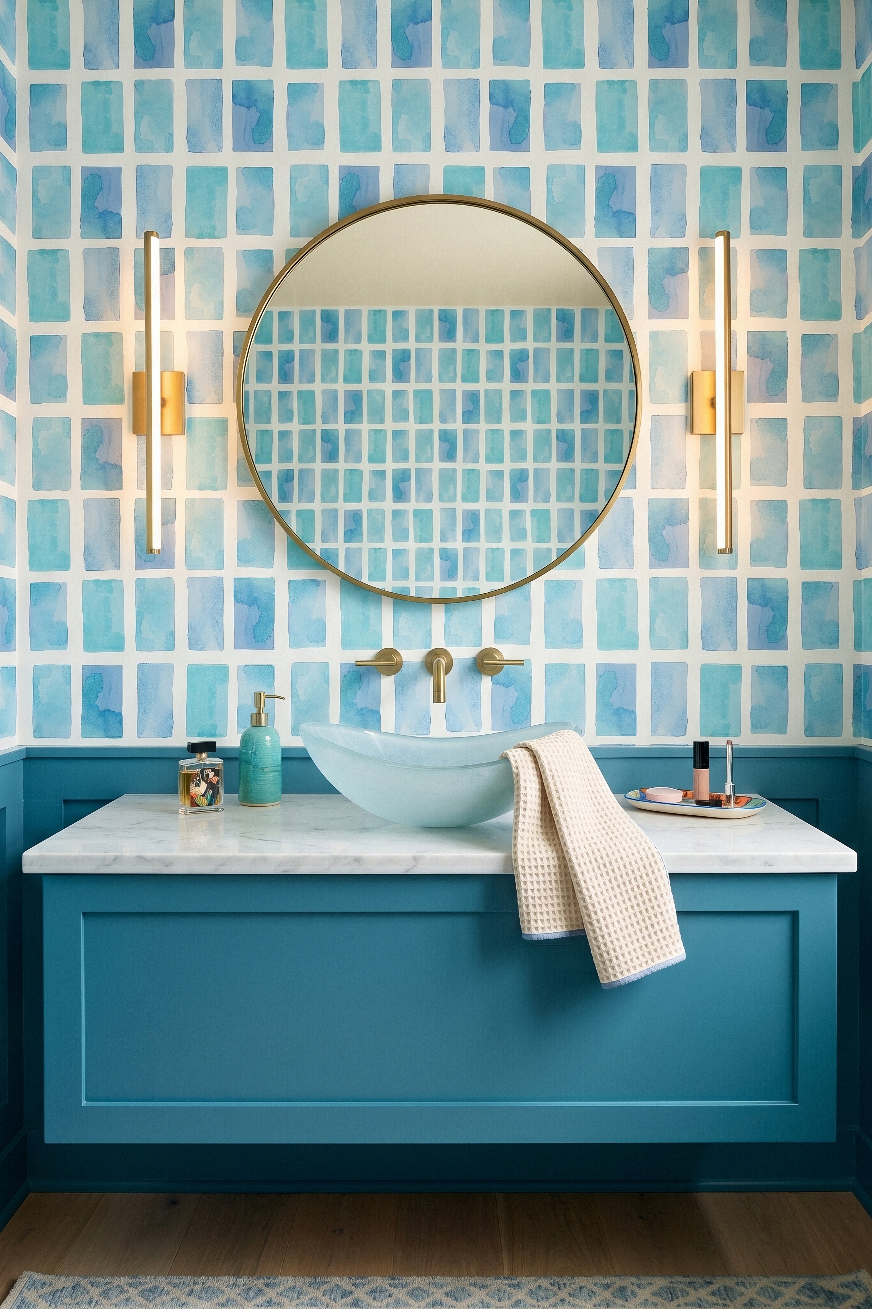 Mosaic Tide wallpaper shown in a powder room