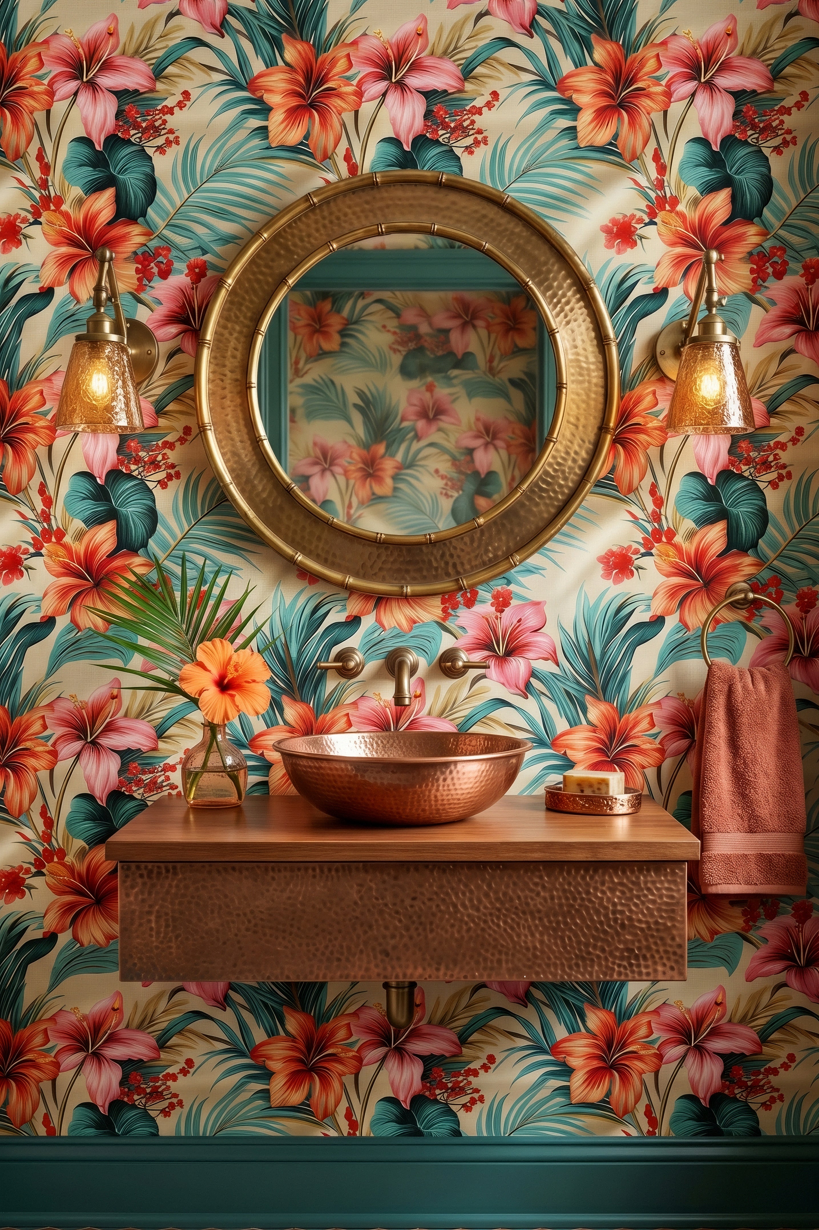 Hibiscus Holiday wallpaper shown in a powder room
