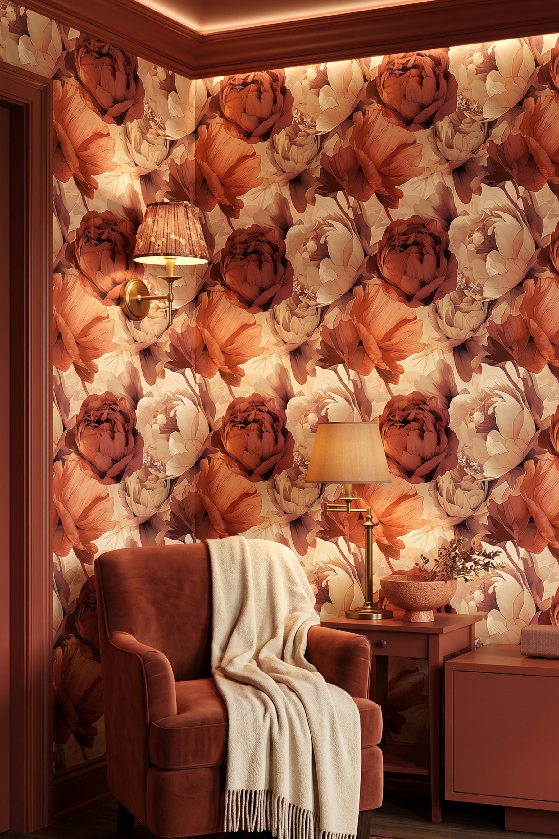 Amber Peony wallpaper shown in a media room