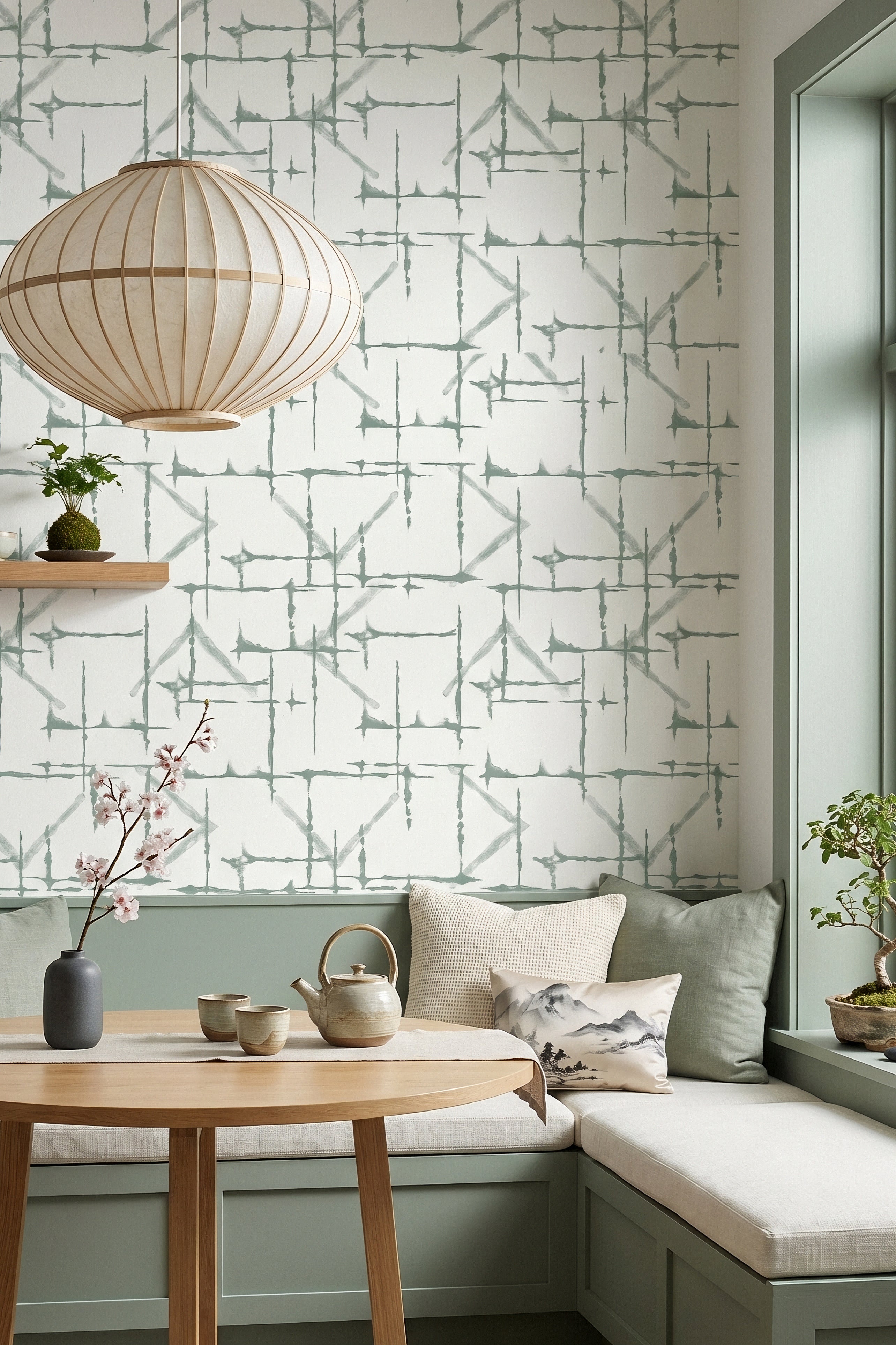 Kyoto Sage wallpaper shown in a cozy nook