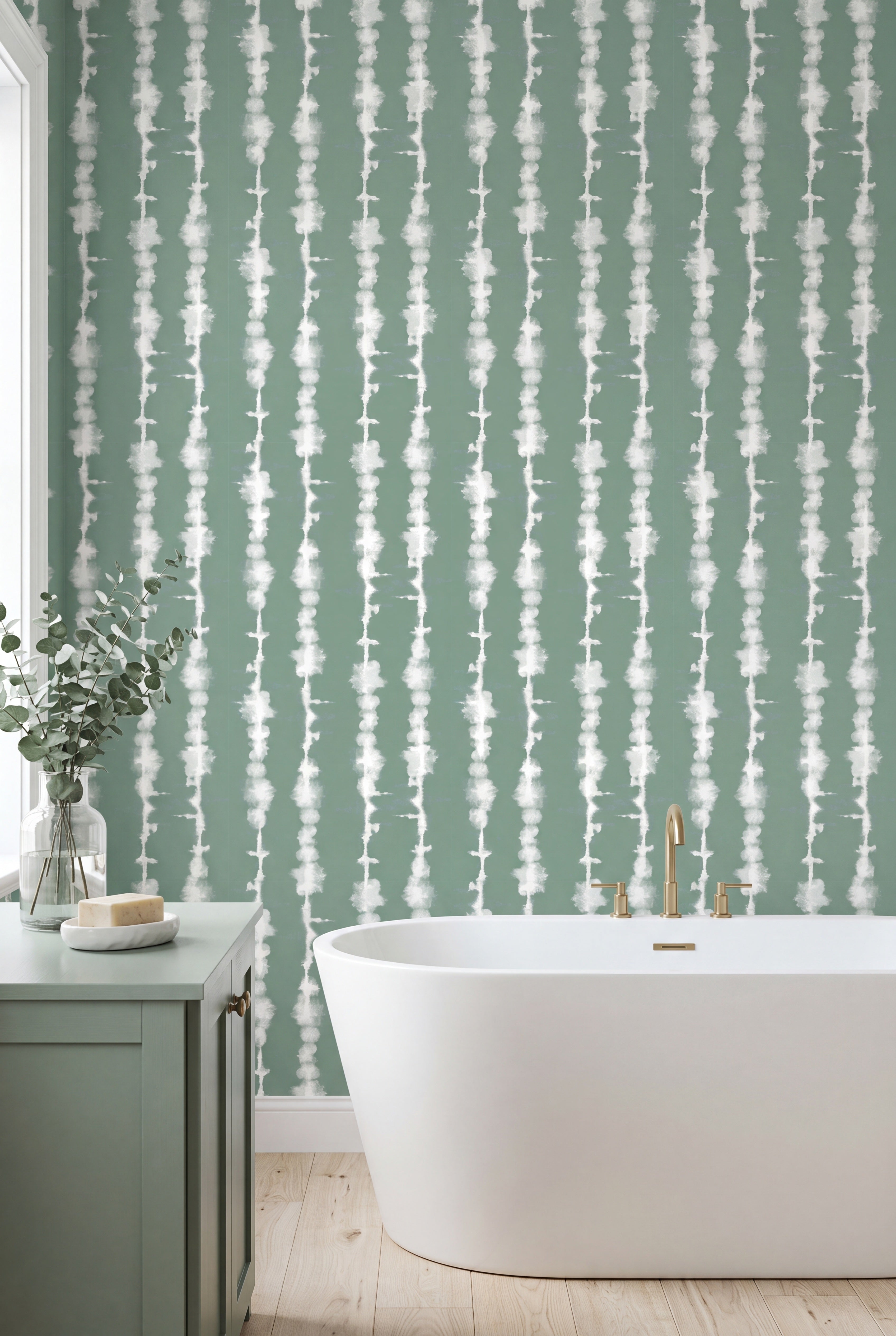 Sage Stripe wallpaper shown in a bathroom