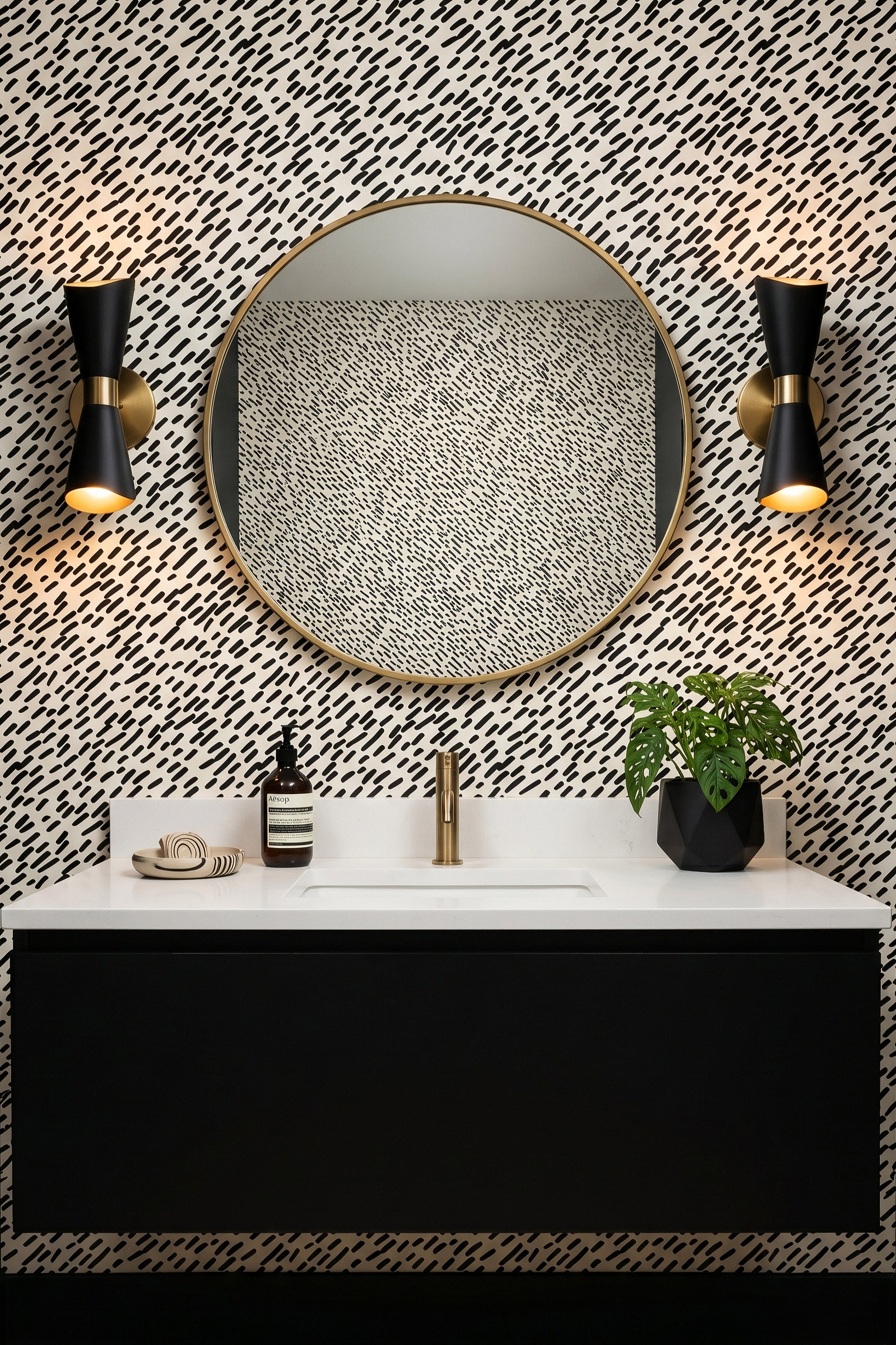 Brushstroke wallpaper shown in a powder room