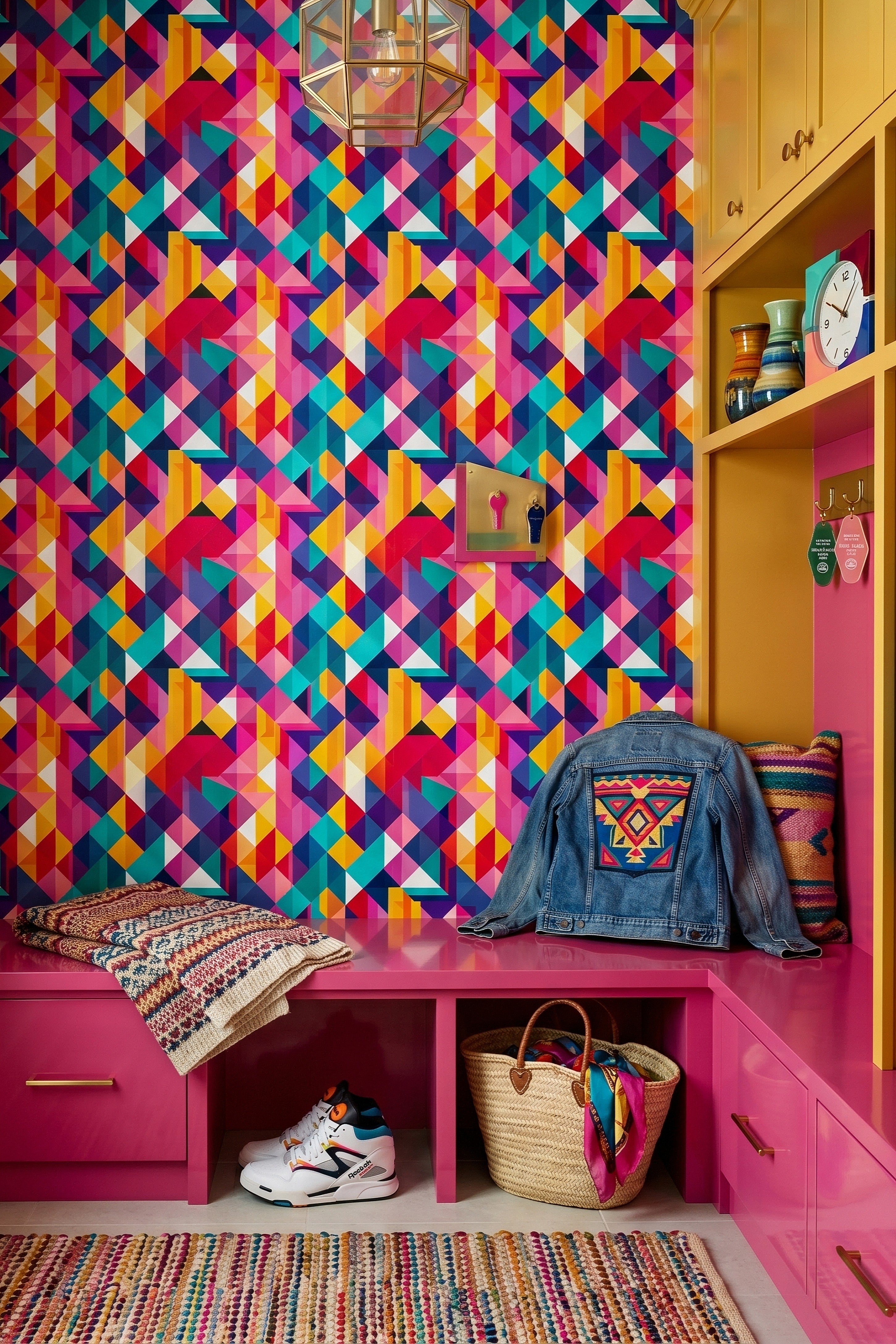 Kaleidoscope wallpaper shown in a mudroom