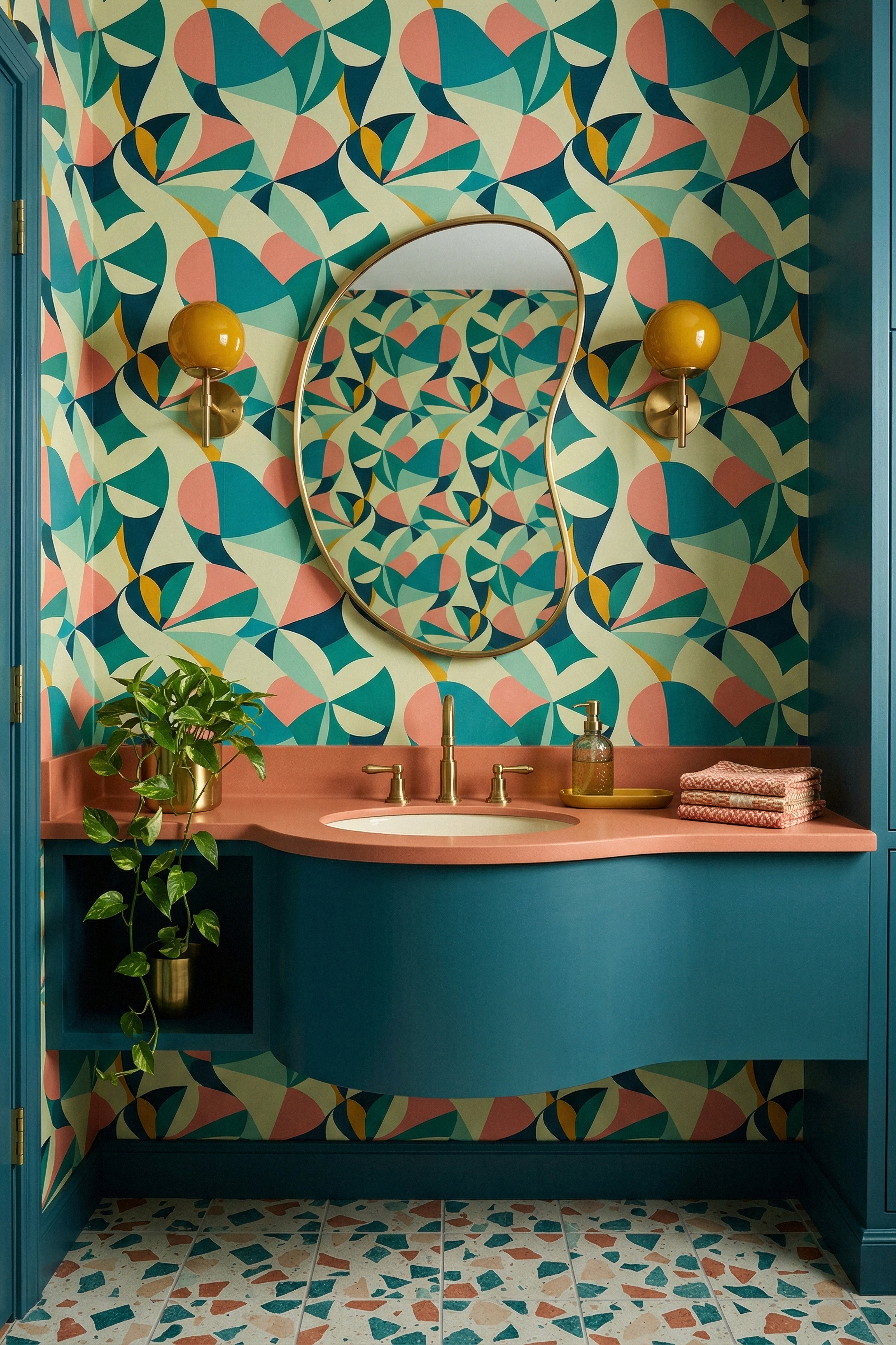 Mod Coral wallpaper shown in a powder room