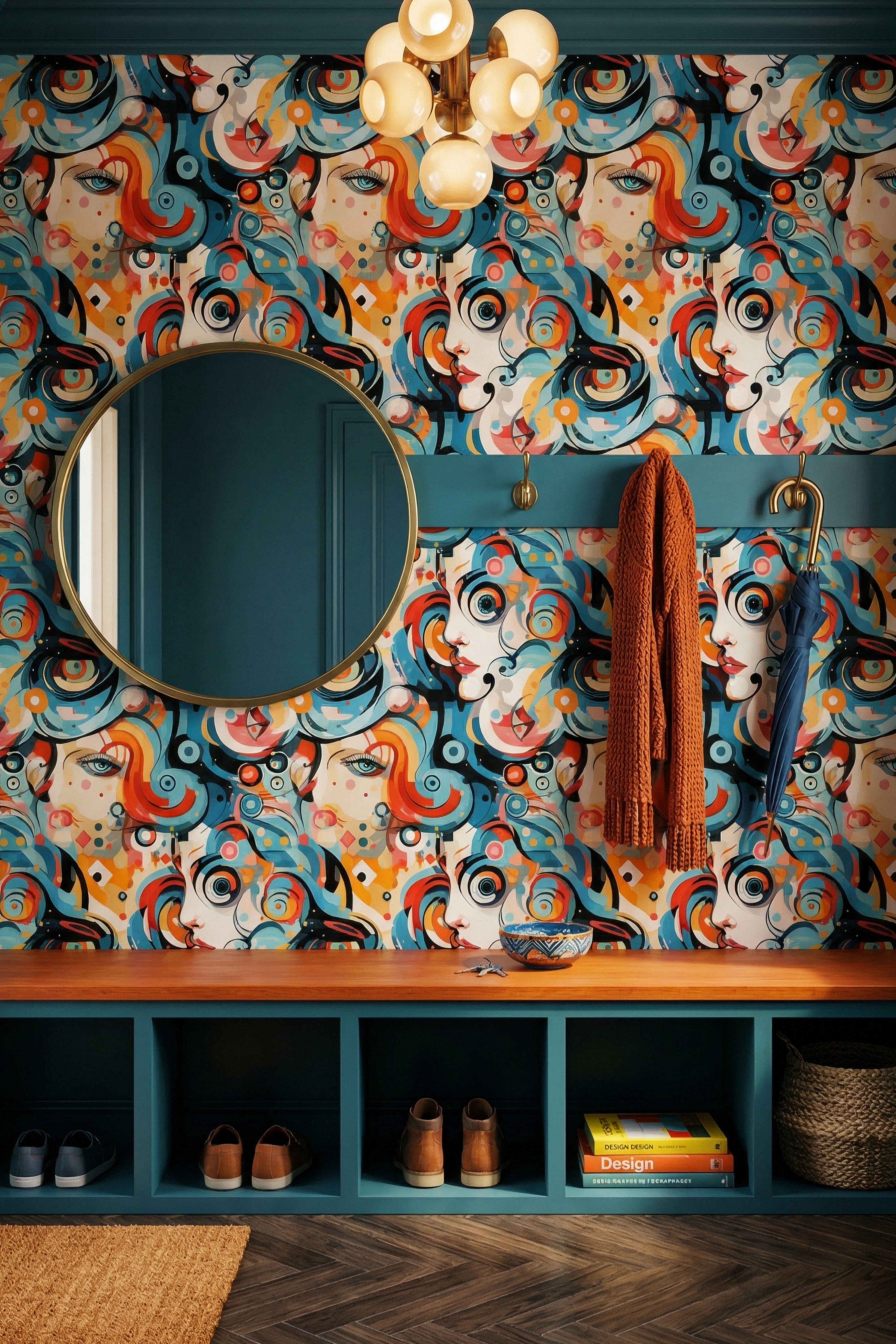 Face Value wallpaper shown in a mudroom