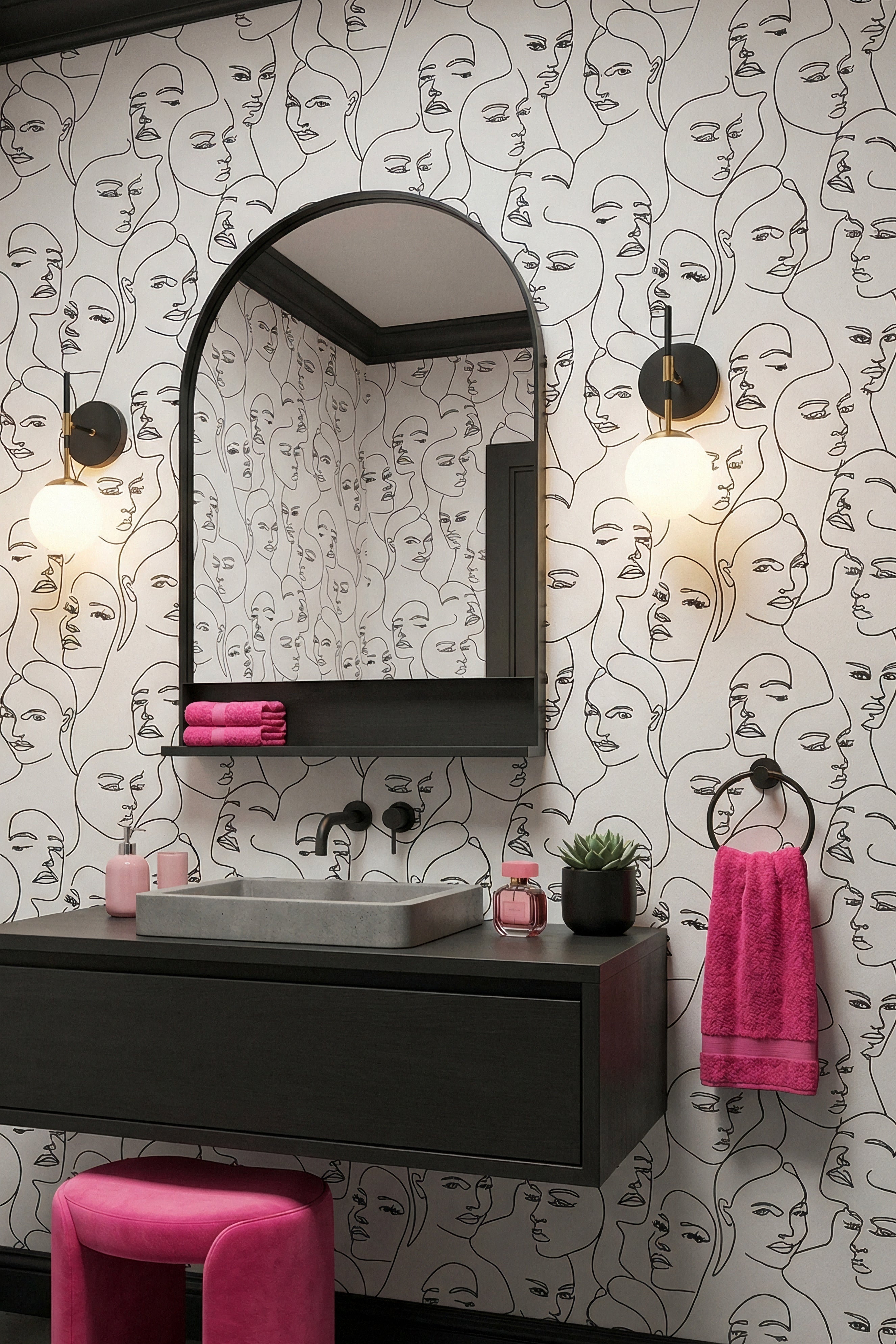 Line Study wallpaper shown in a powder room