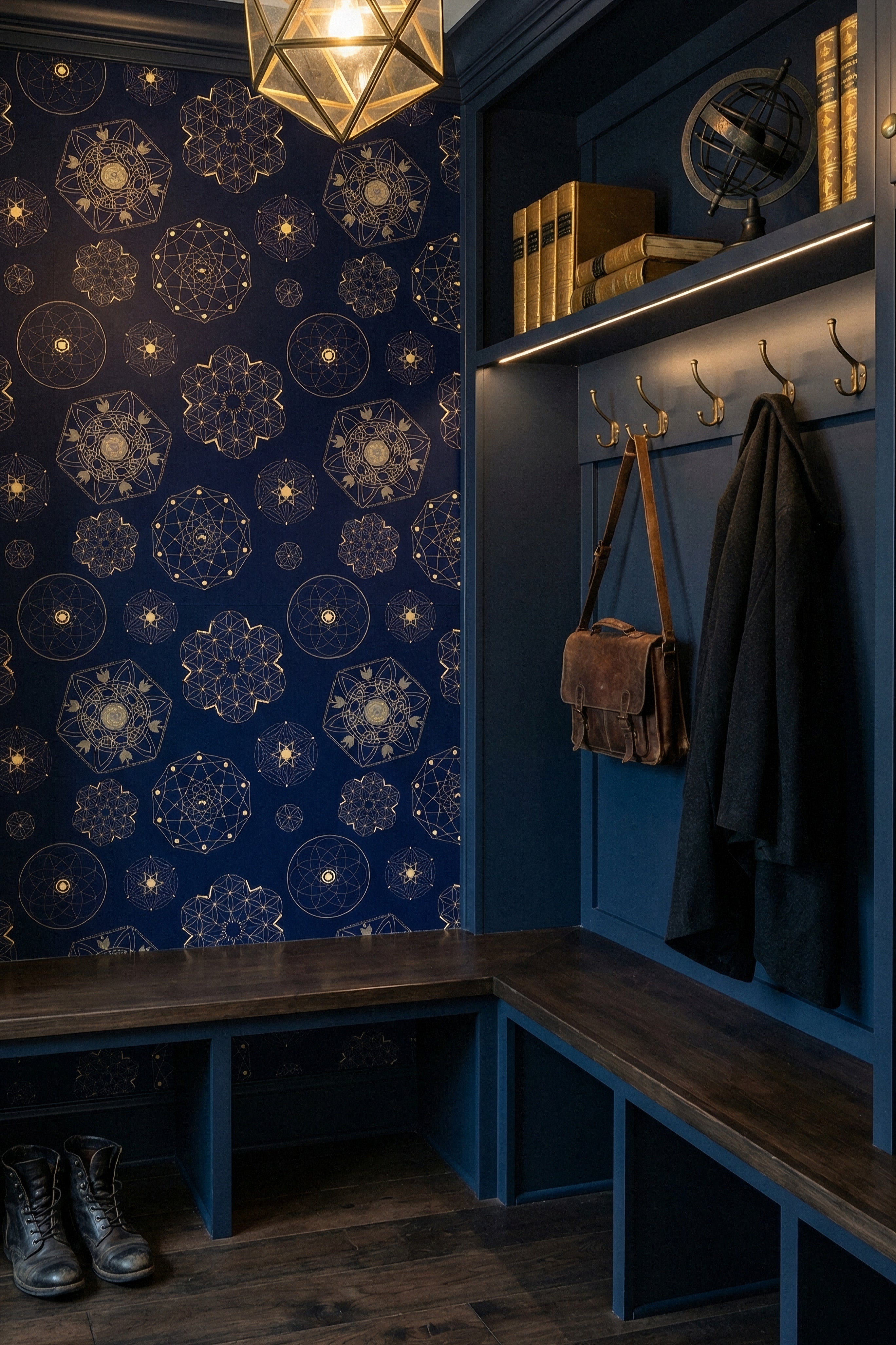 Star Chart wallpaper shown in a mudroom