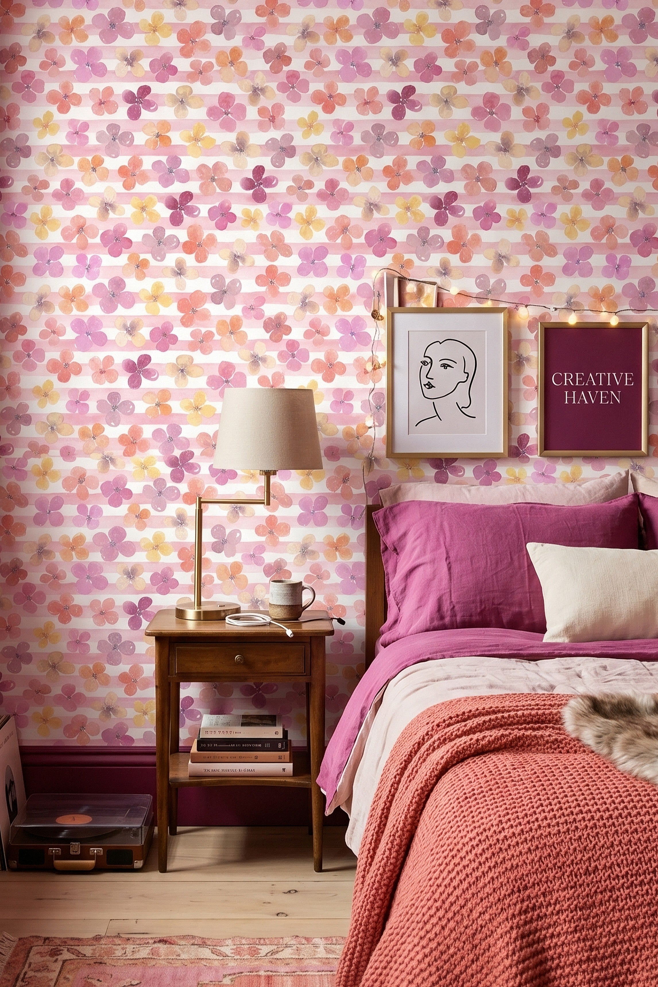 Garden Stripe wallpaper shown in a bedroom