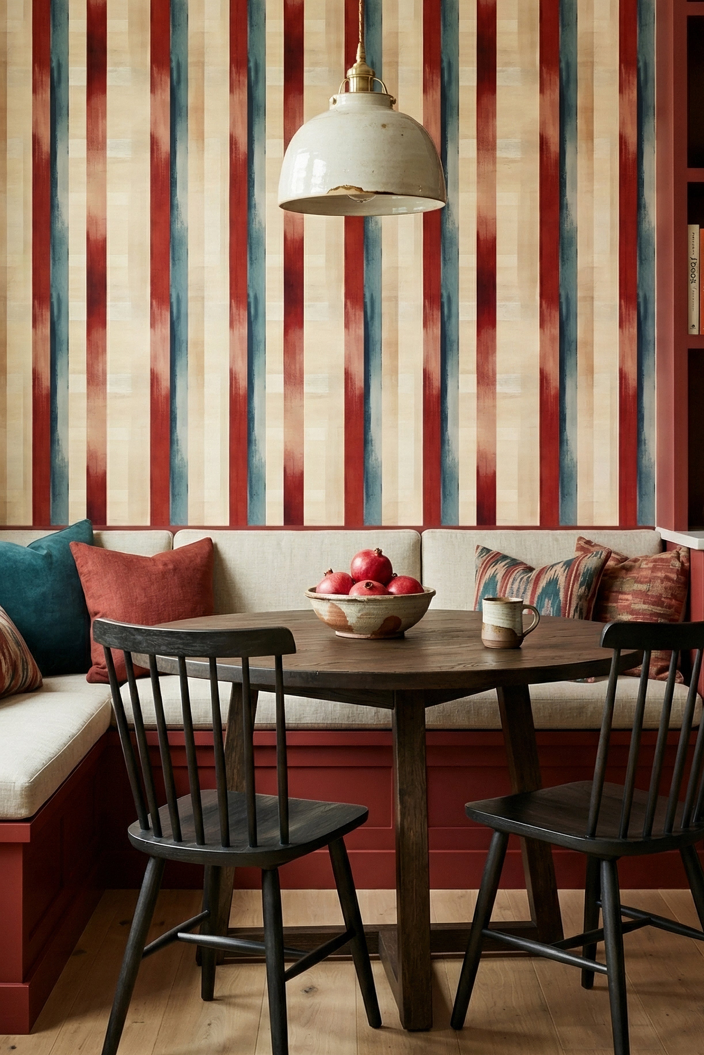 Canyon Stripe wallpaper shown in a cozy nook
