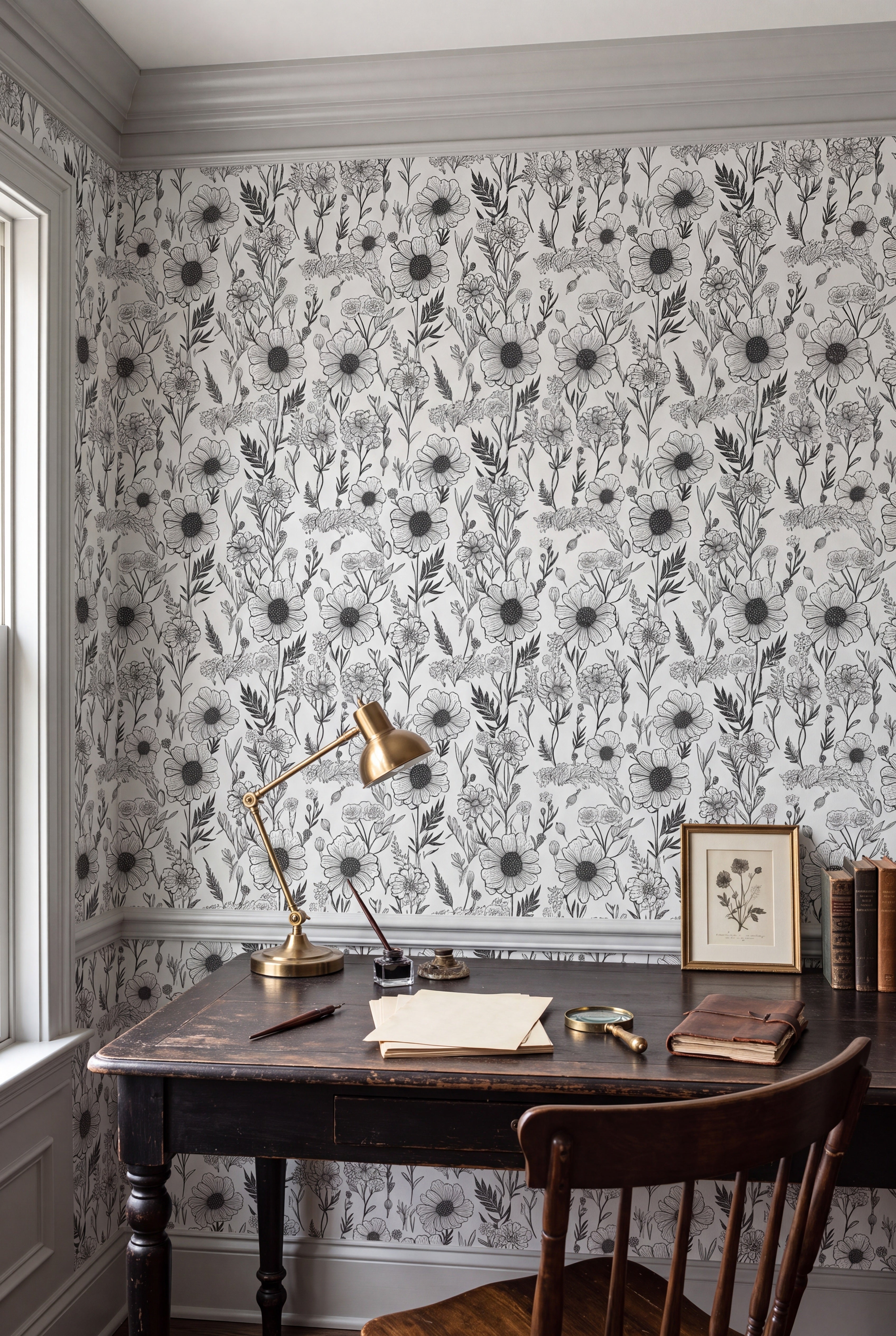 Etched Bloom wallpaper shown in a home office