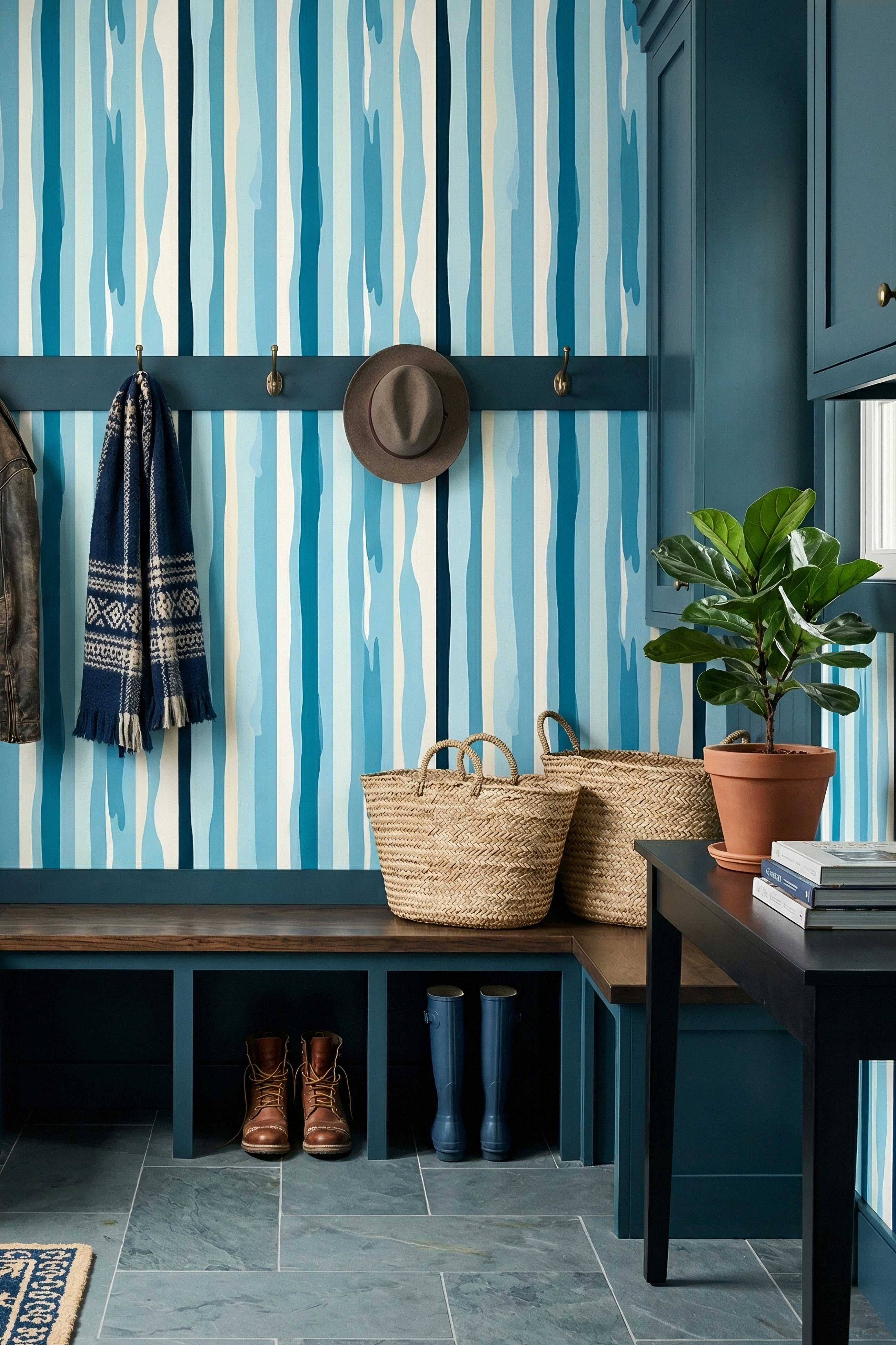 Cape Stripe wallpaper shown in a mudroom
