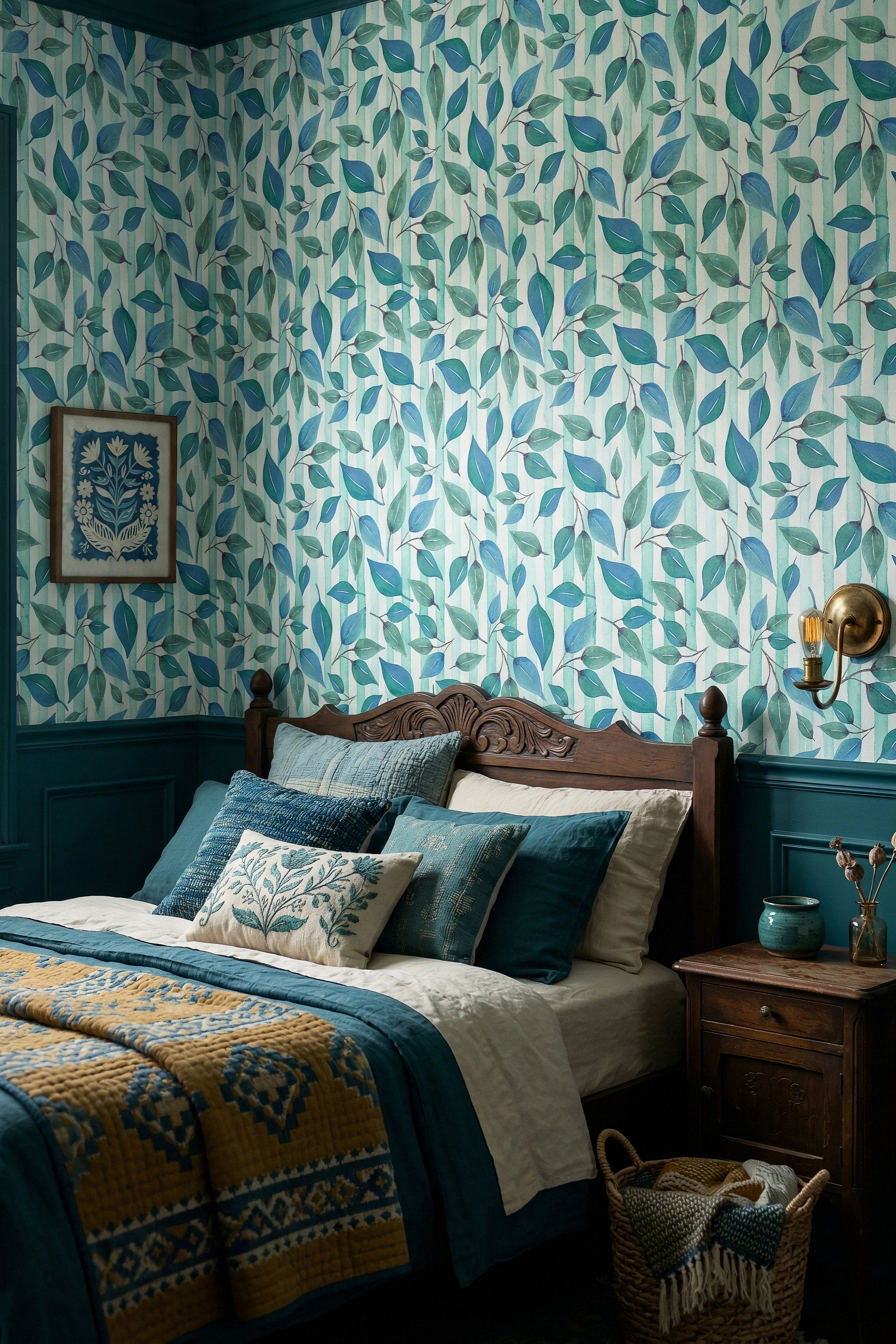 Folk Ribbon wallpaper shown in a bedroom