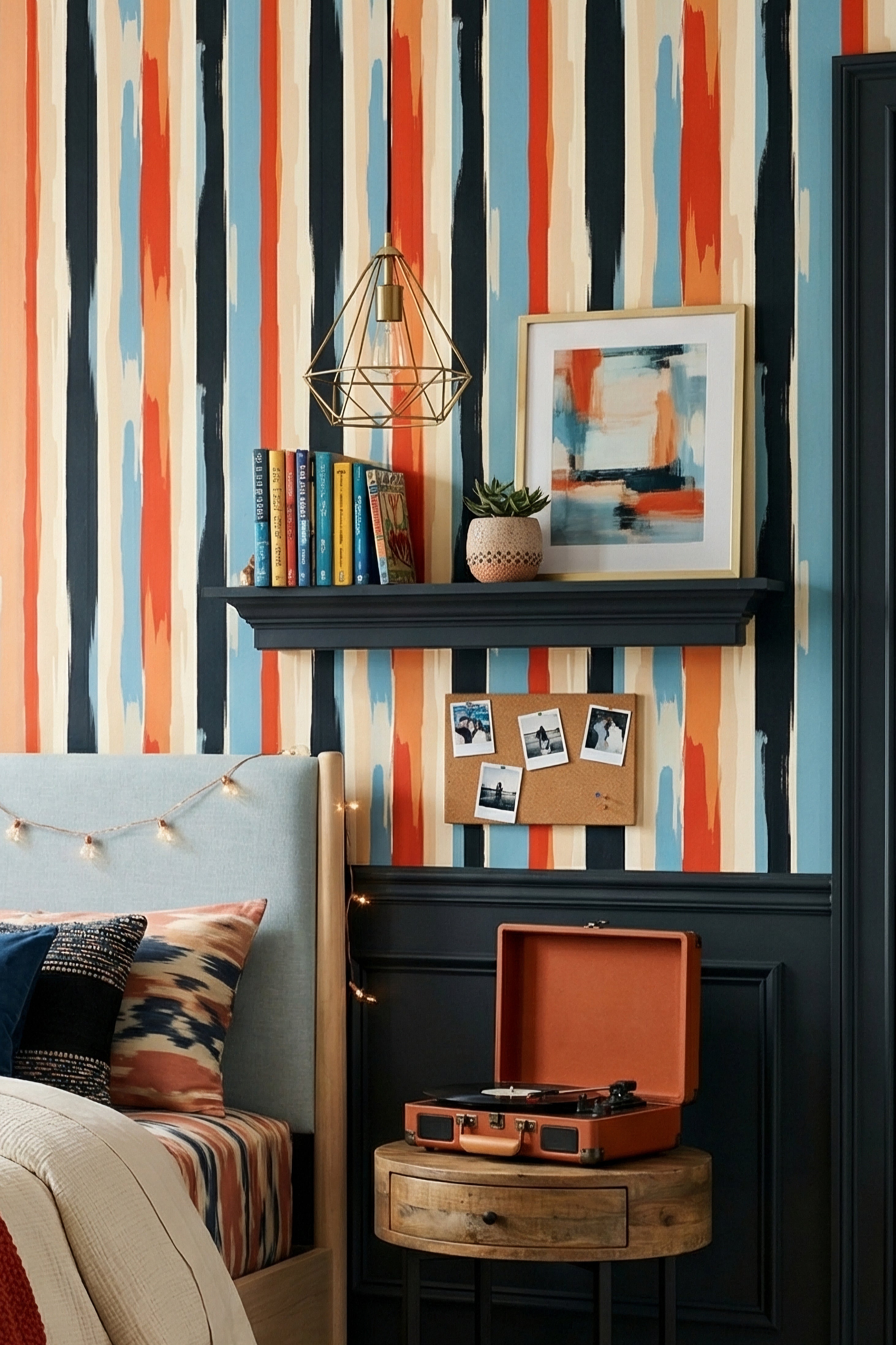 Painter's Stripe wallpaper shown in a bedroom