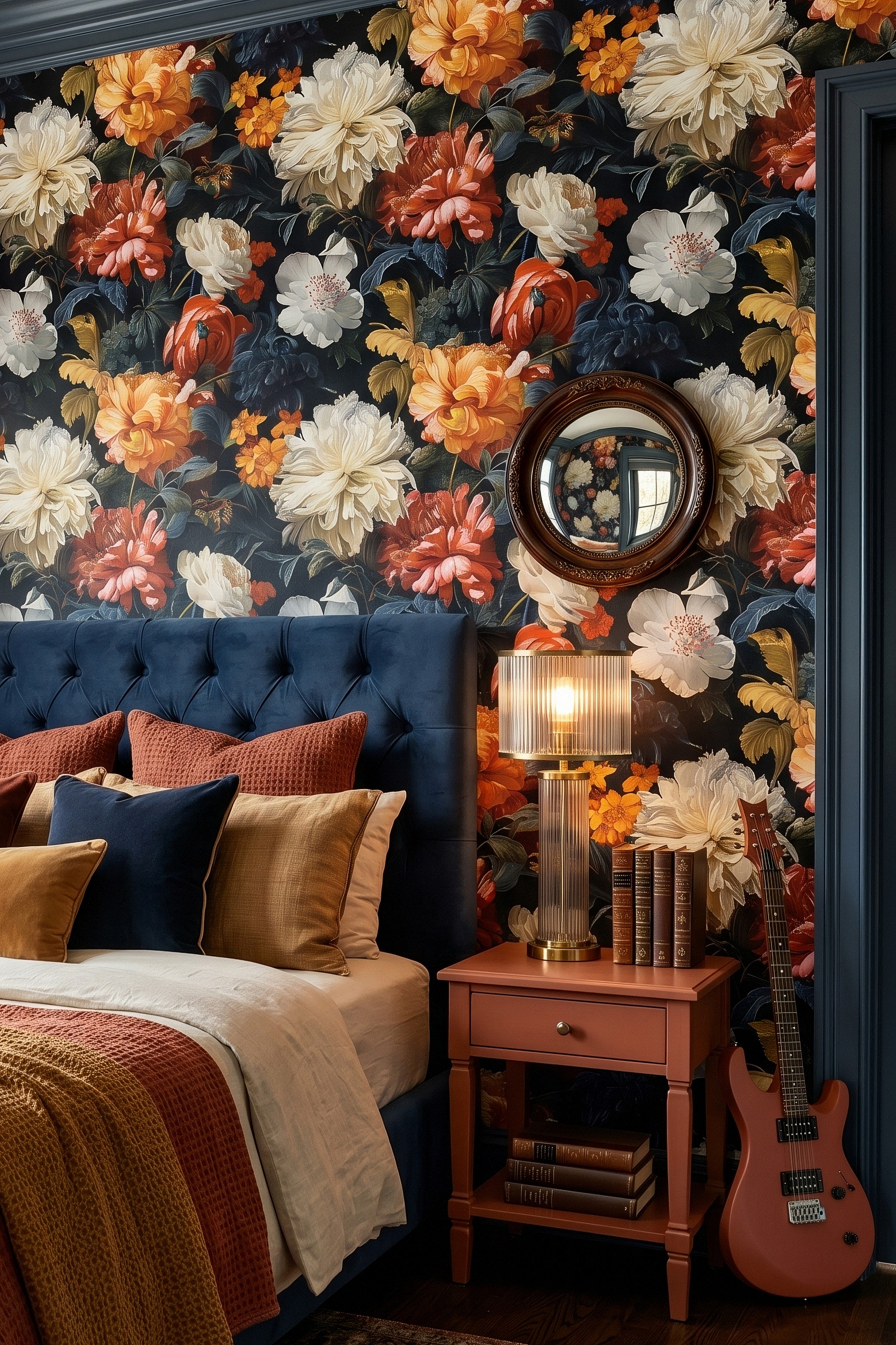 Night Flower wallpaper shown in a bedroom