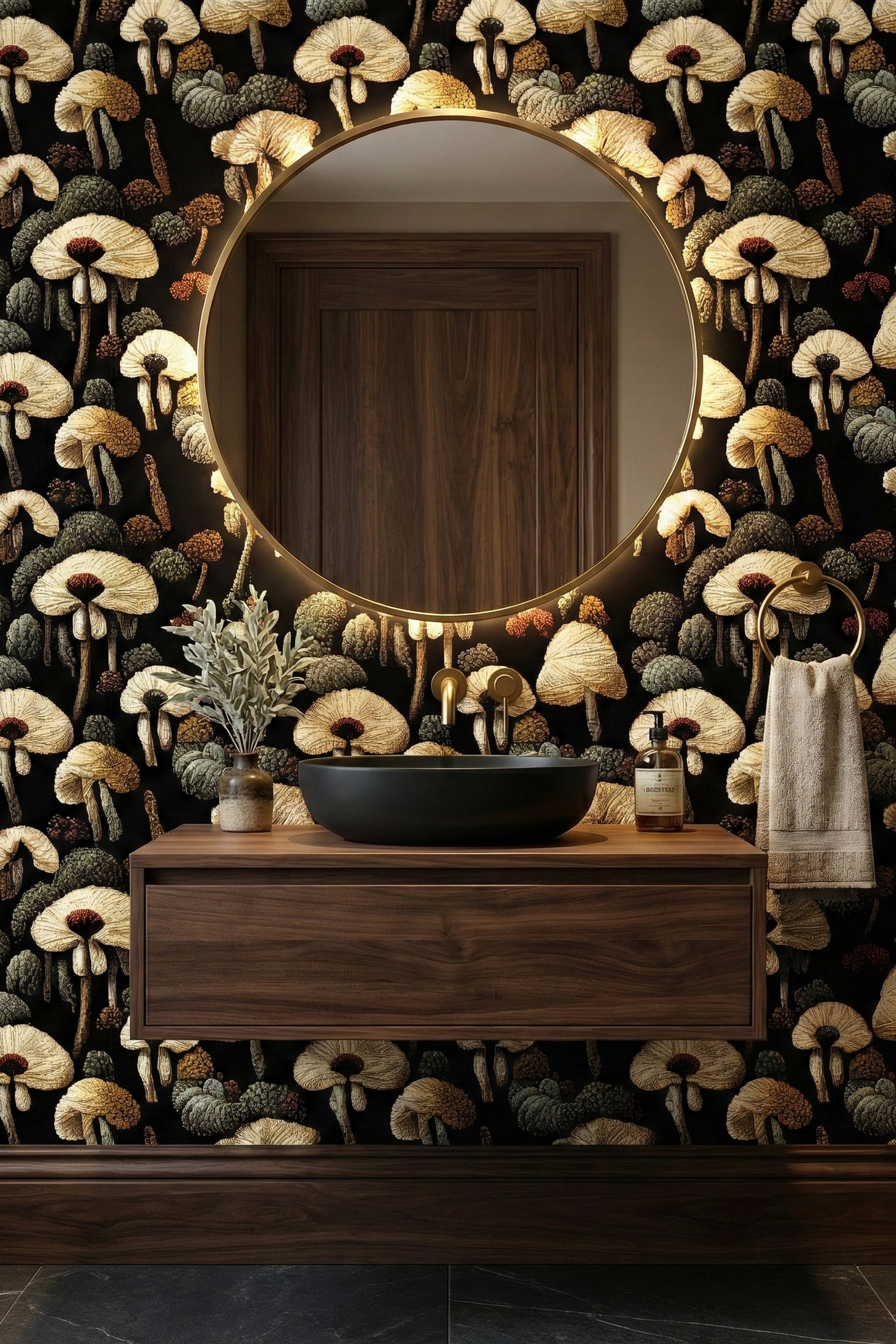 Woodland Cottage wallpaper shown in a powder room