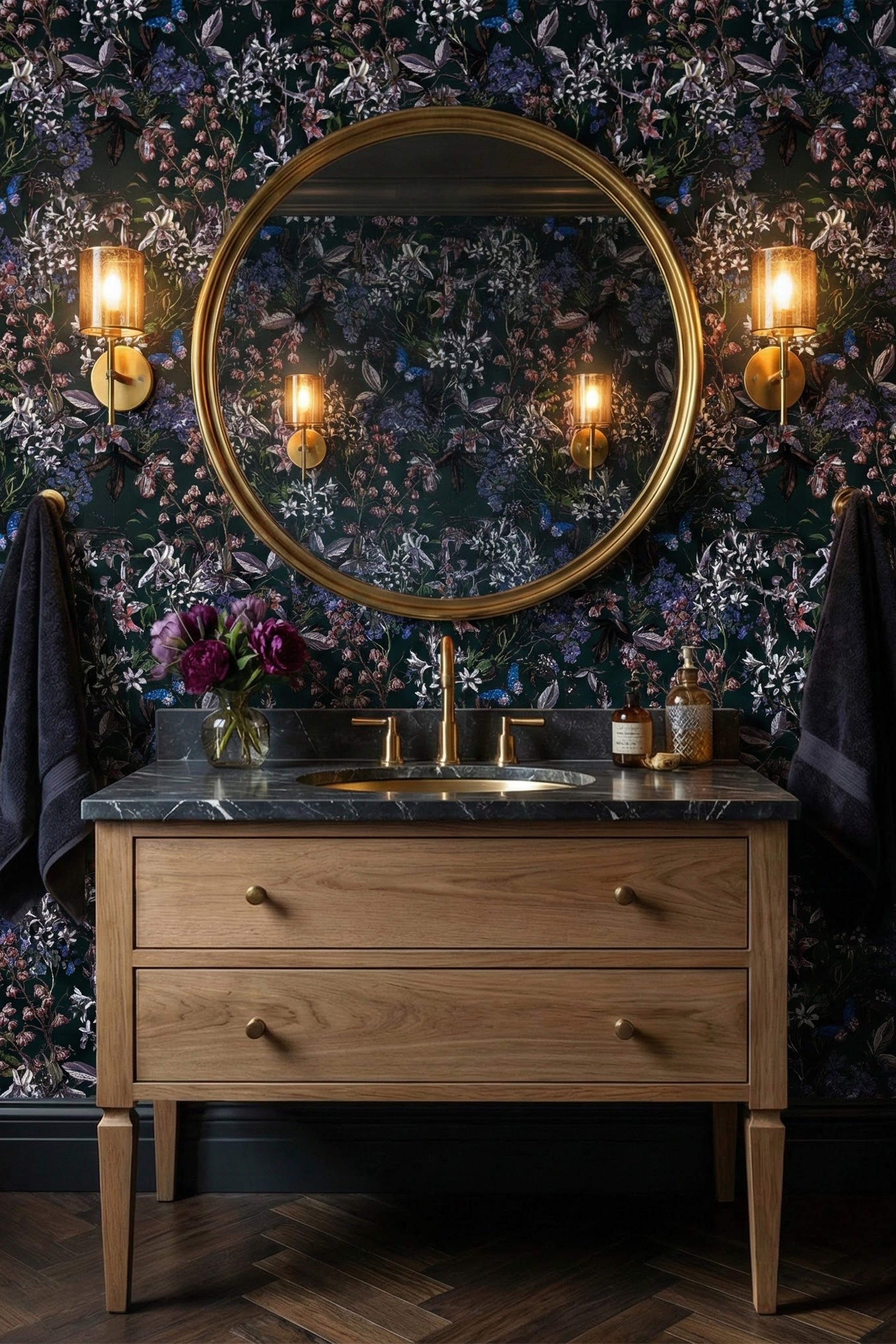 Midnight Flutter wallpaper shown in a powder room