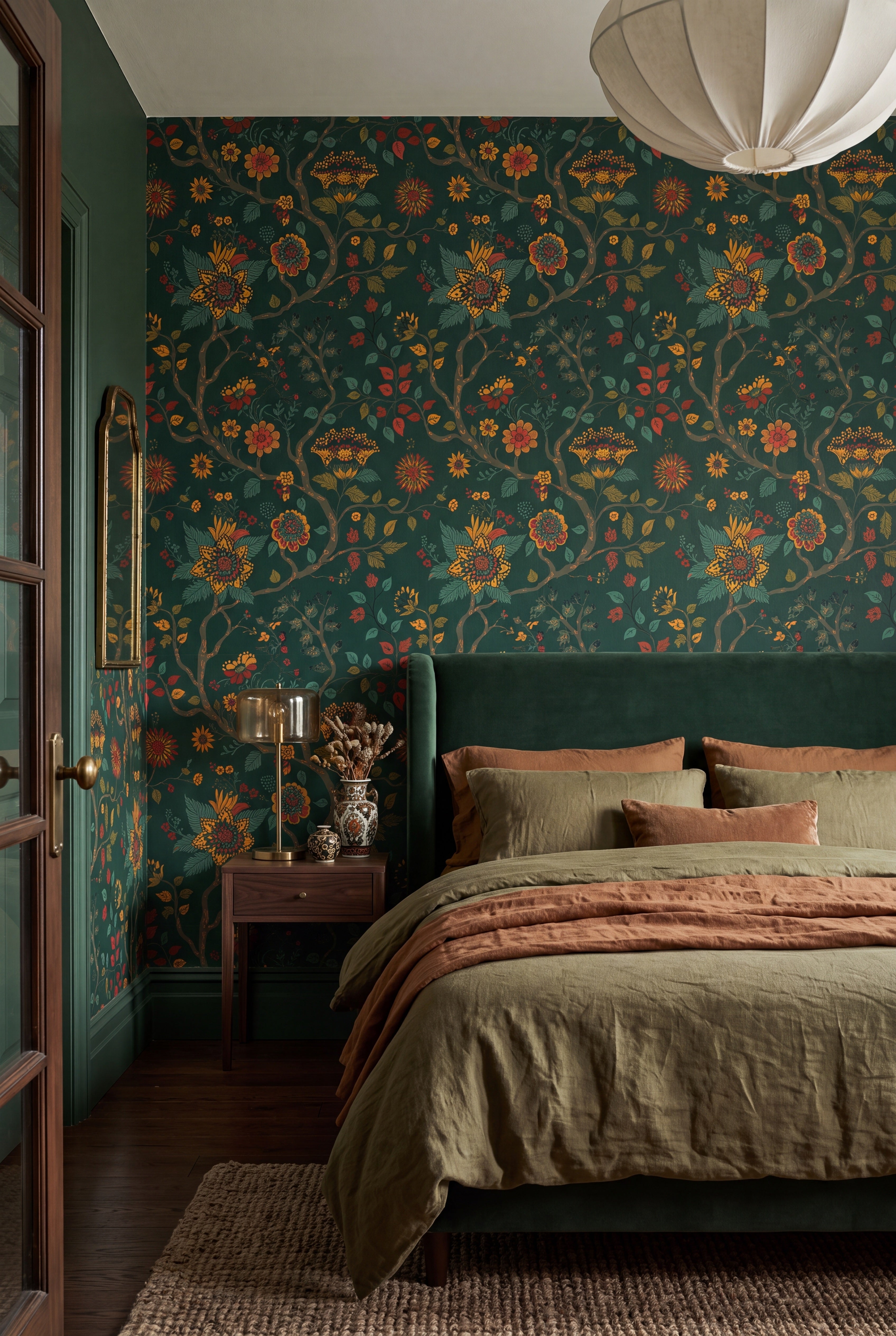 Evergreen Folk wallpaper shown in a bedroom