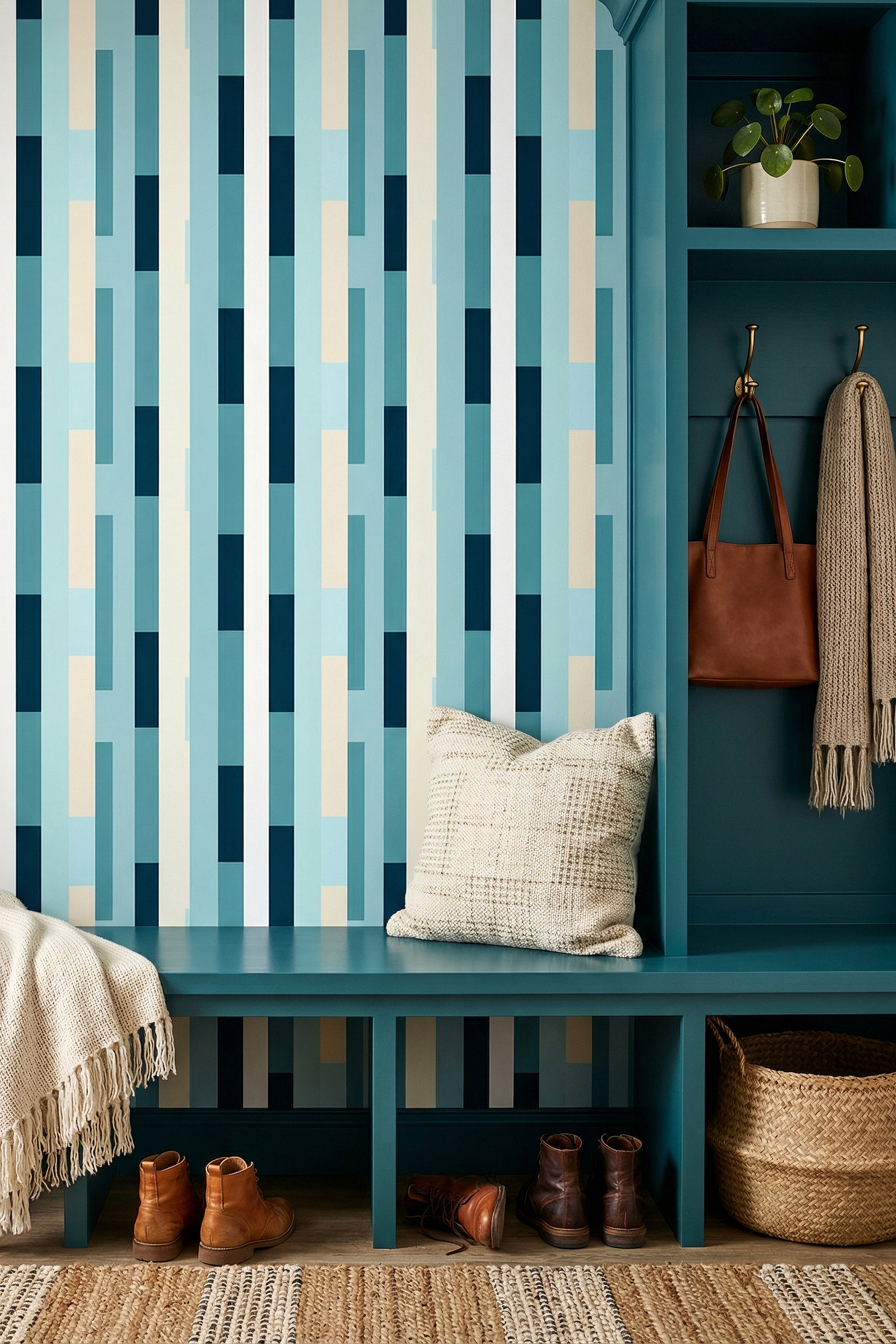 Poolside wallpaper shown in a mudroom