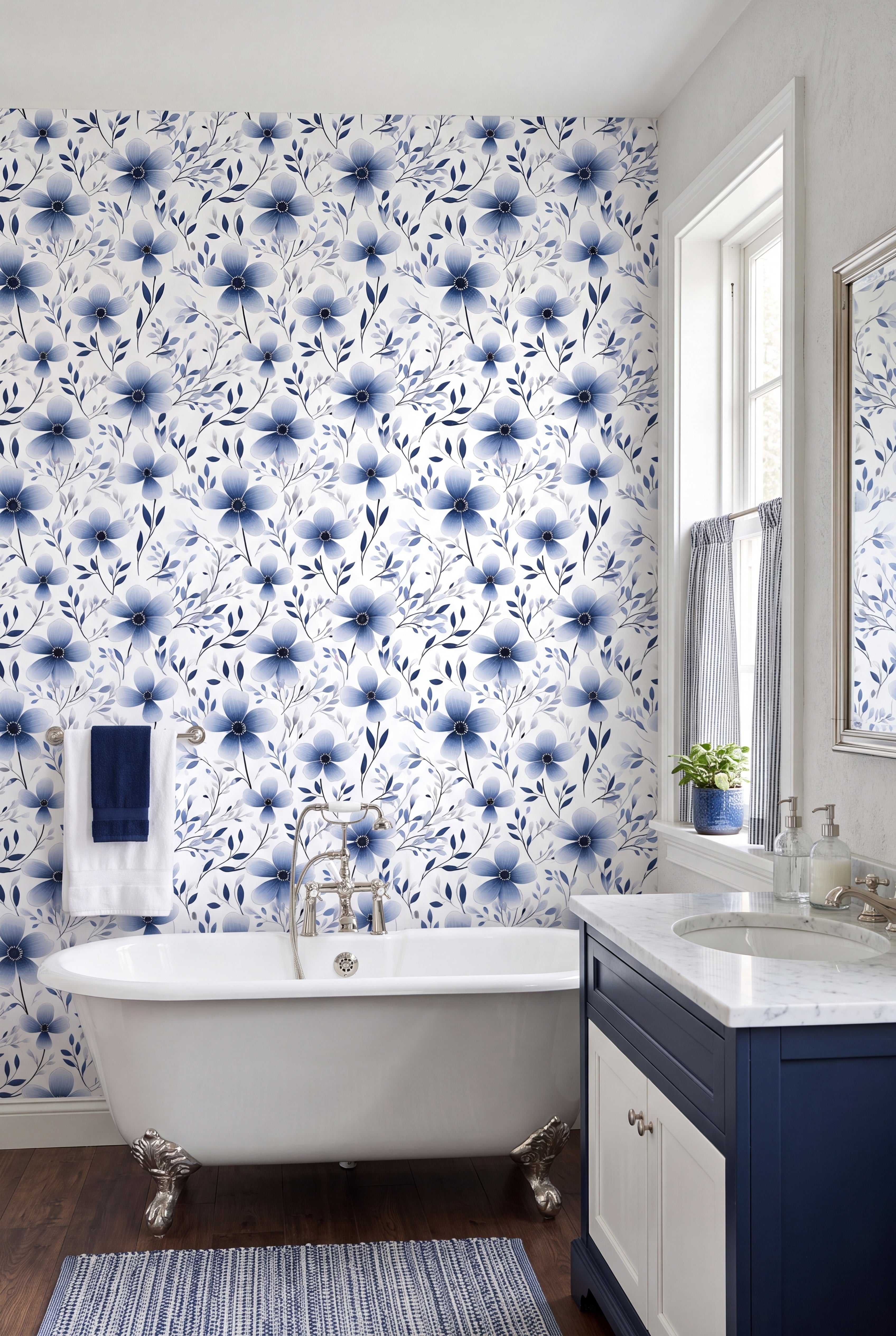 Indigo Bloom wallpaper shown in a bathroom