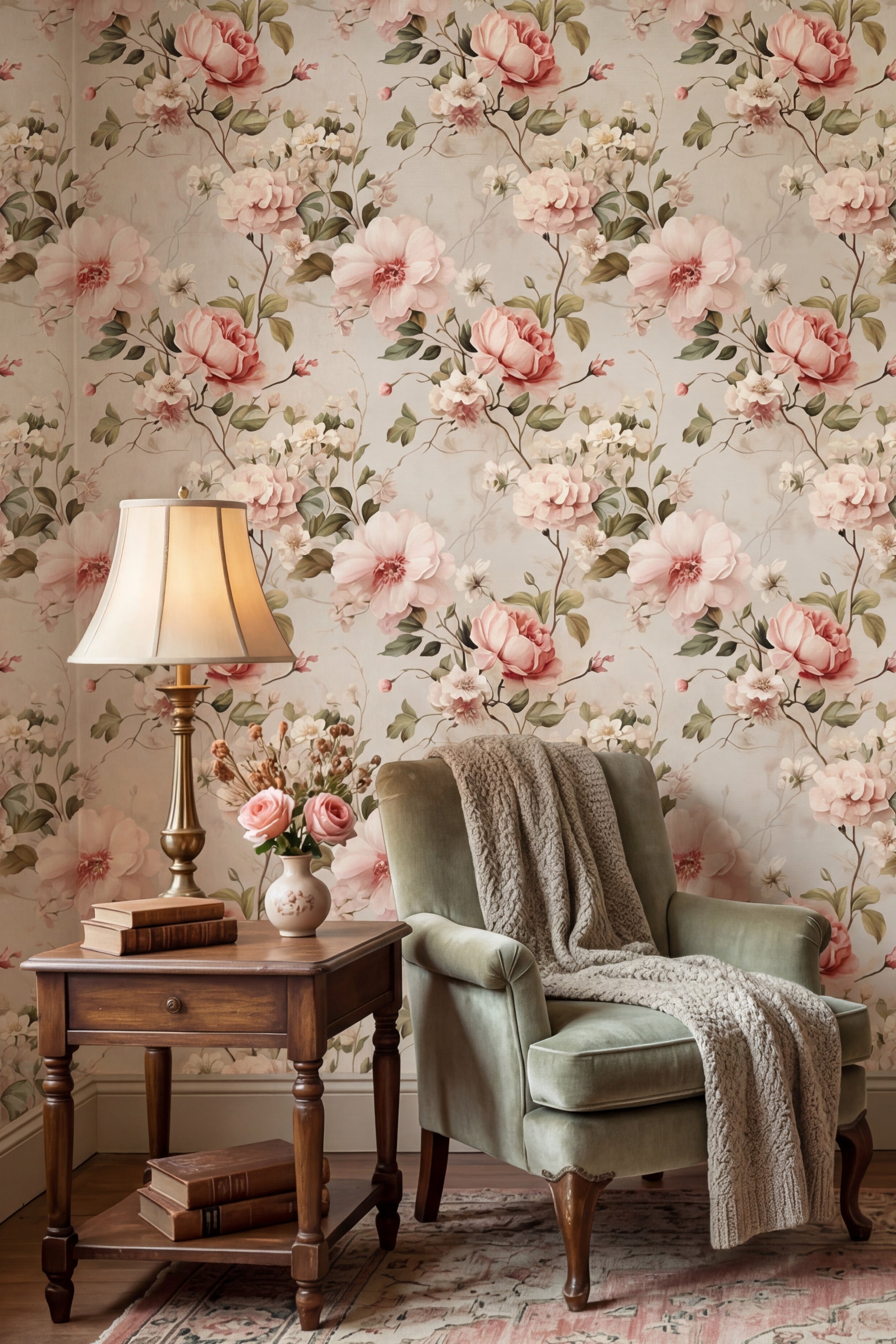 Midnight Garden wallpaper shown in a reading corner