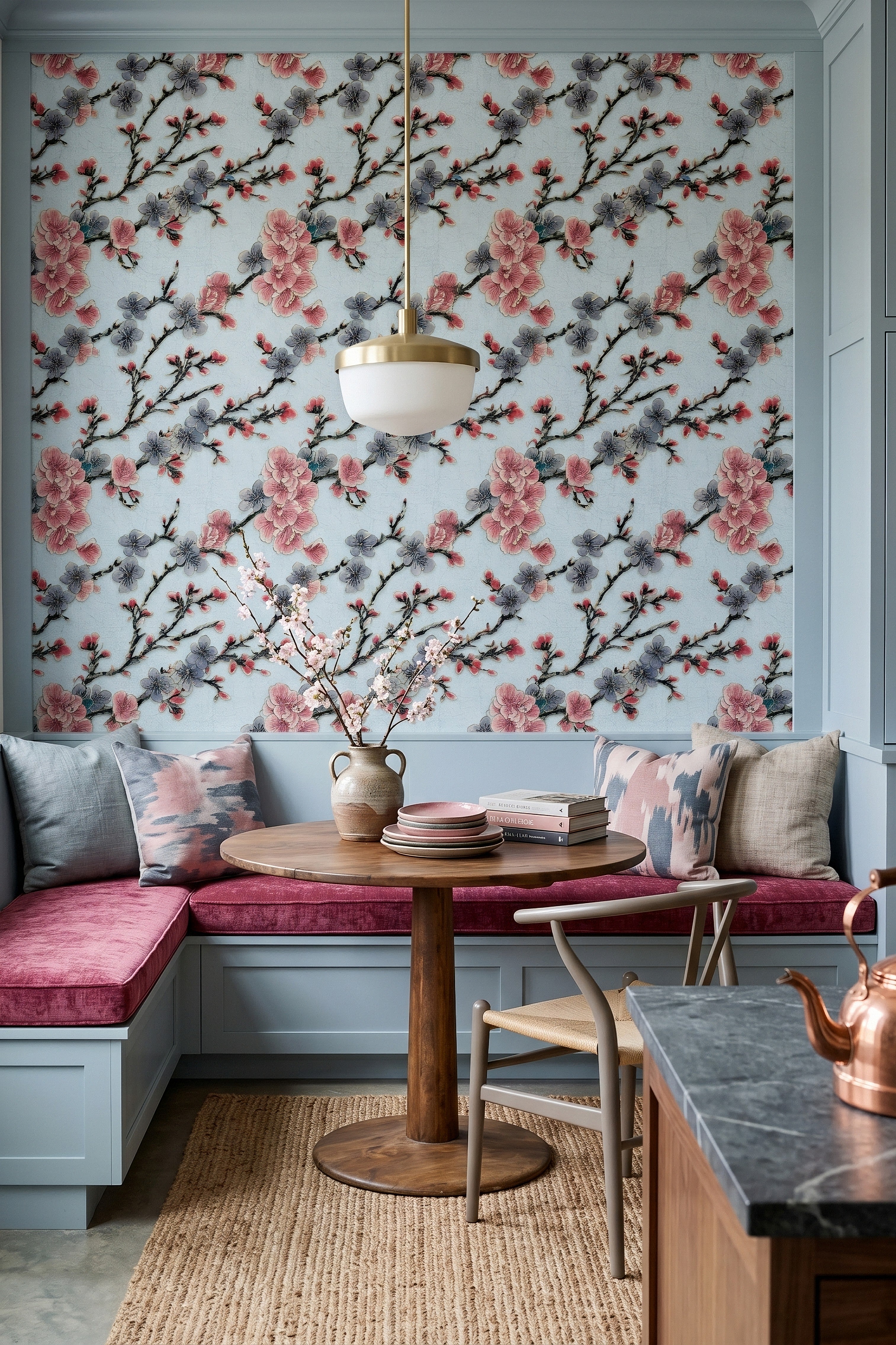 Indigo Blossom wallpaper shown in a cozy nook