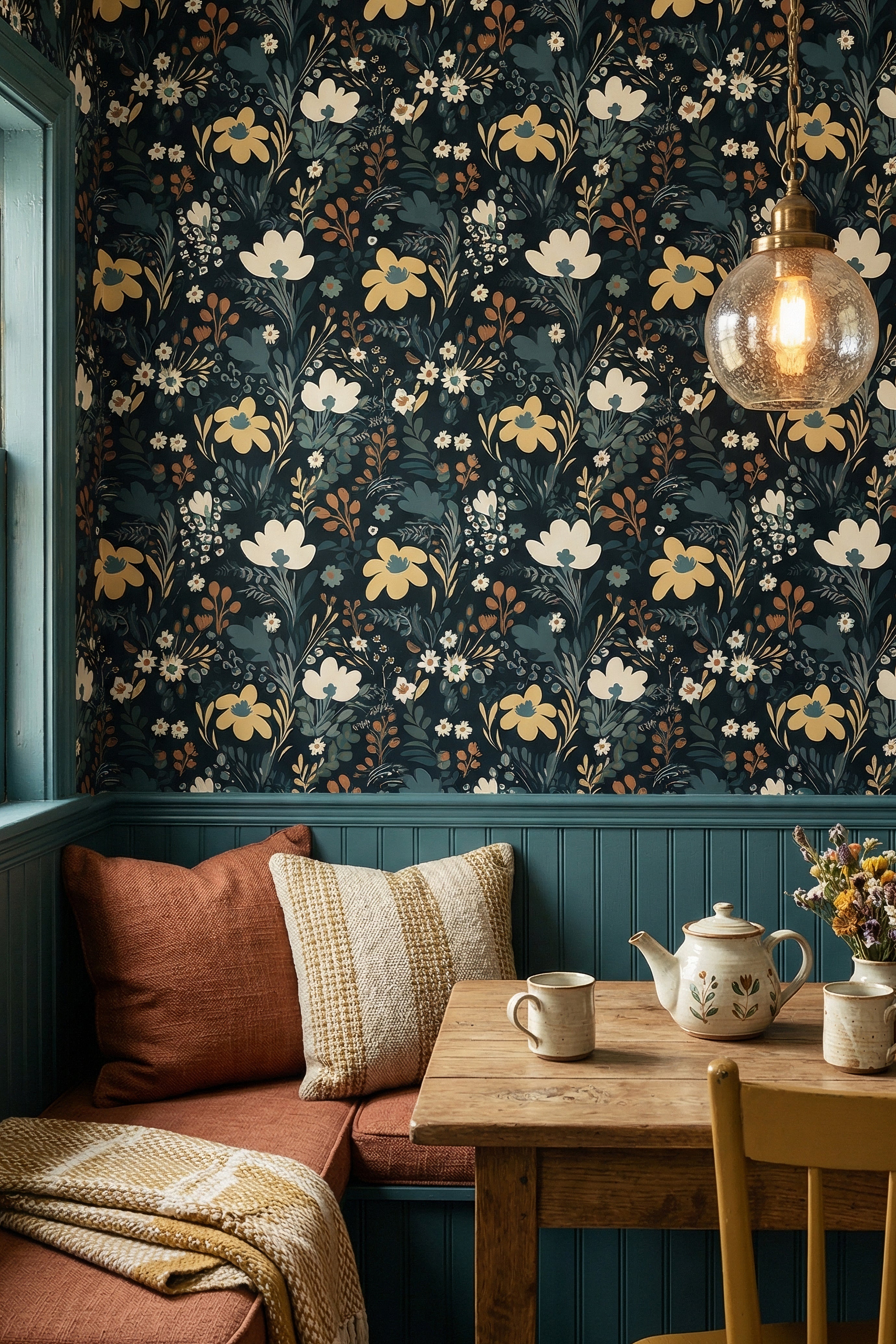 Boho Nocturne wallpaper shown in a cozy nook