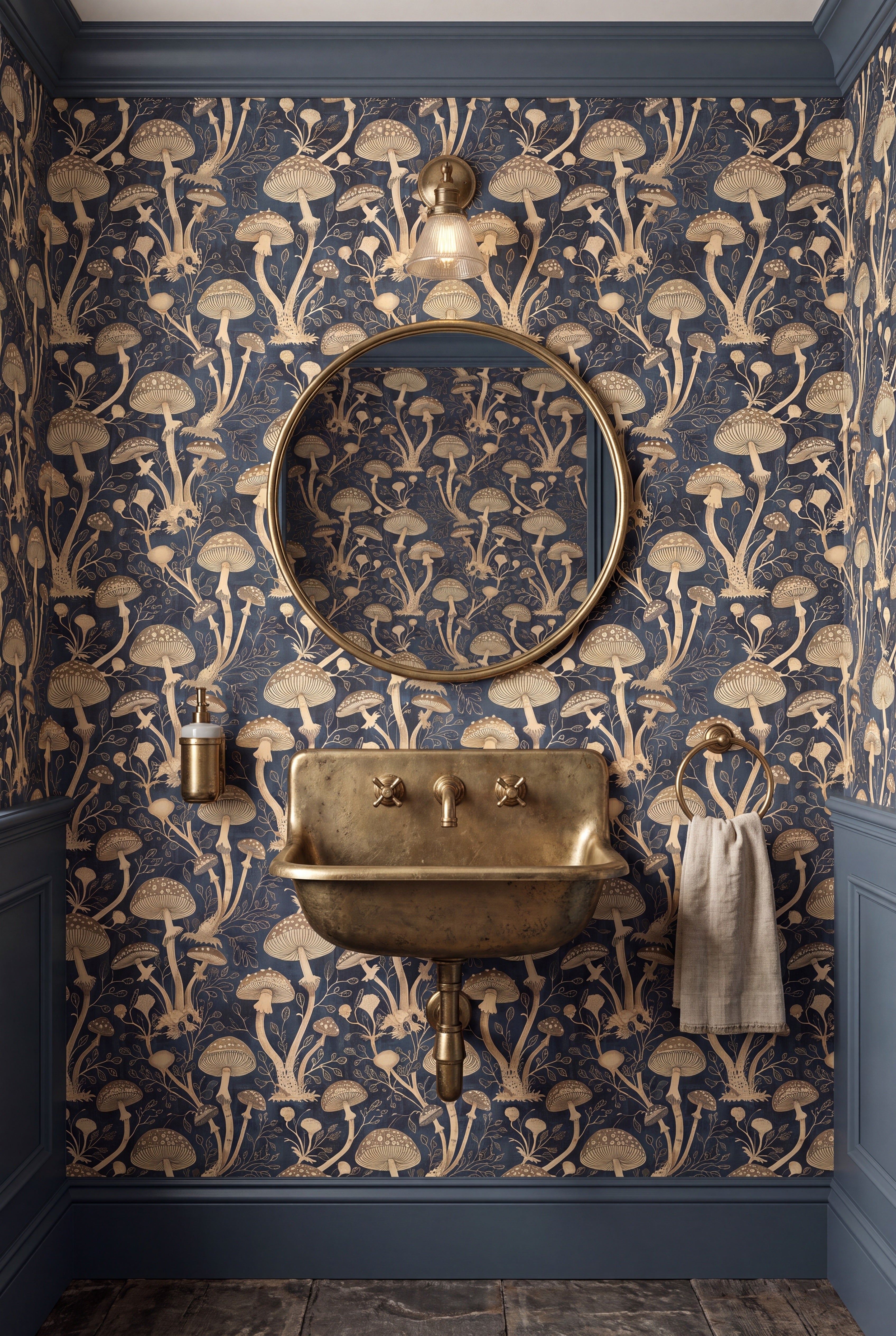 Champignon wallpaper shown in a powder room