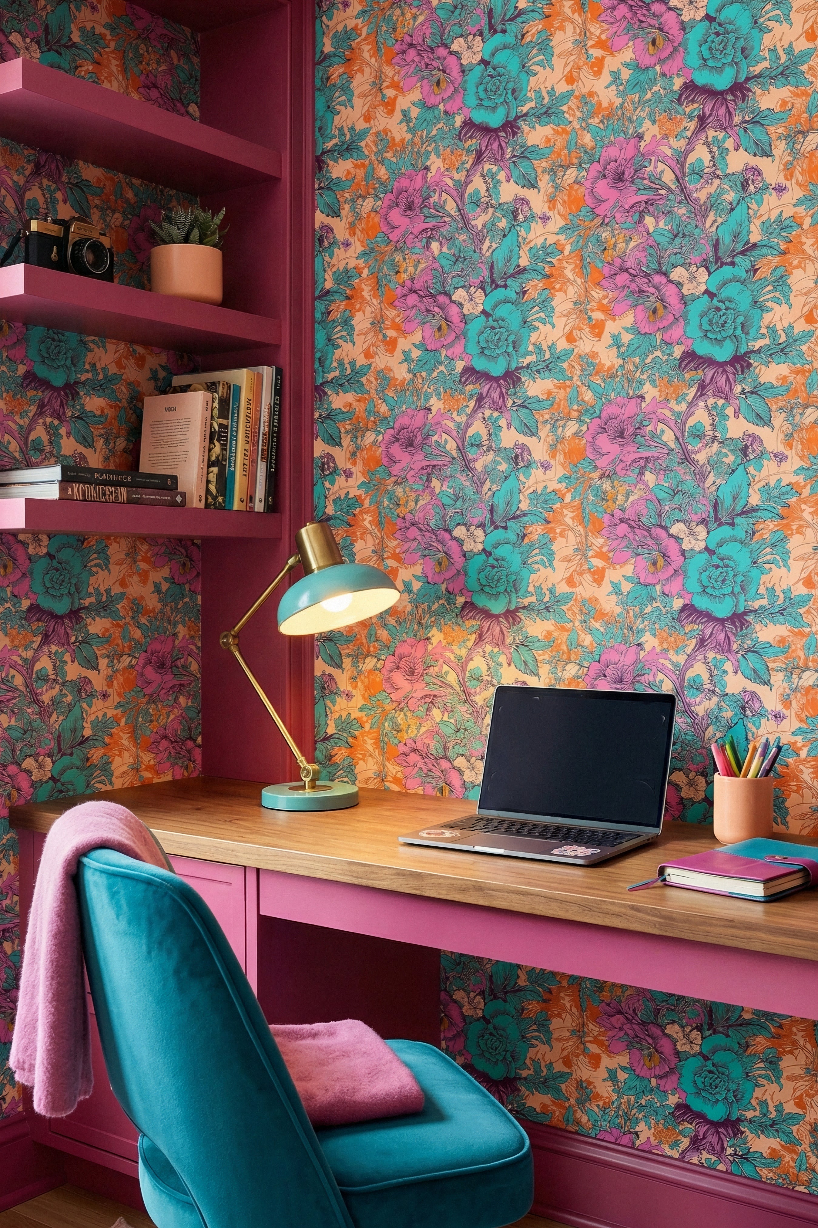 Toile Remix wallpaper shown in a home office
