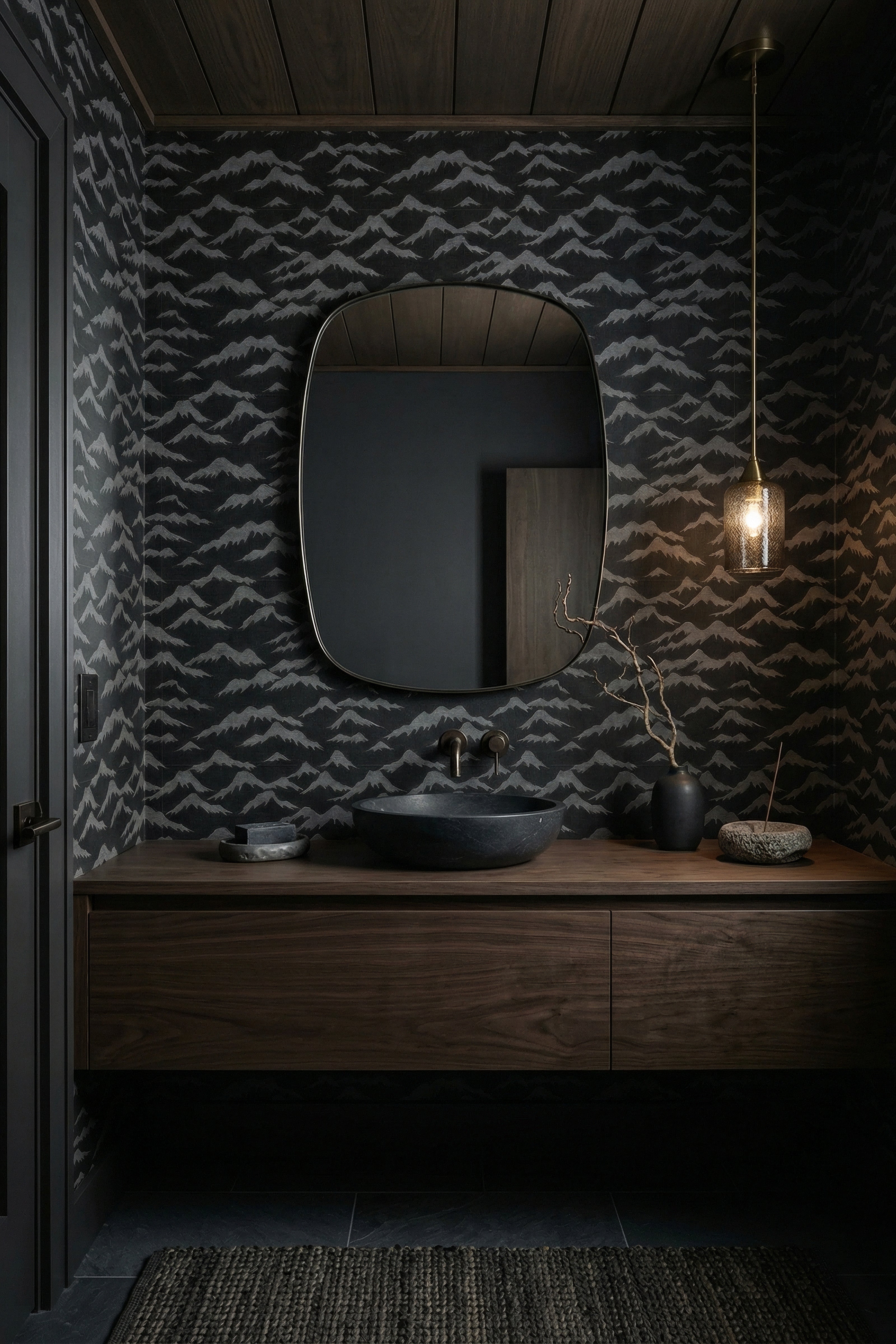 Misty Summit wallpaper shown in a powder room