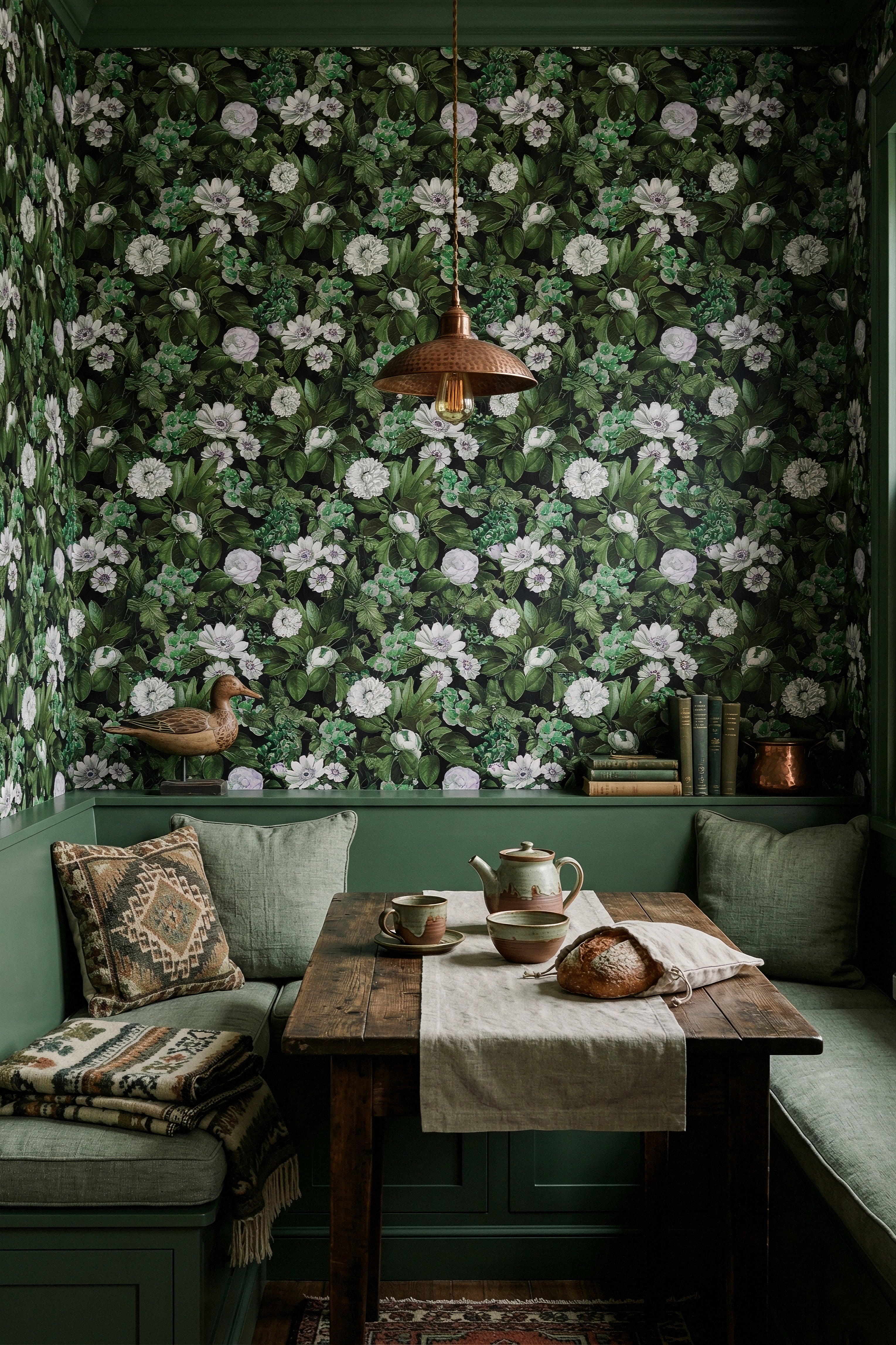 Deep Flora wallpaper shown in a cozy nook